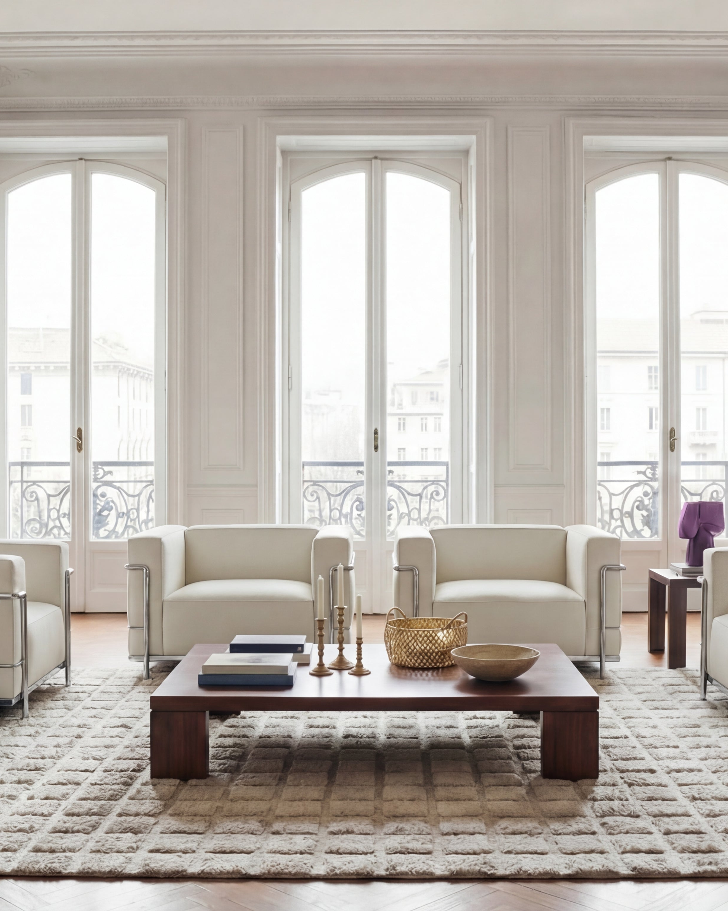 Modern Parisian living room with white leather LC3 sofas, coffee table, and decorative items.
