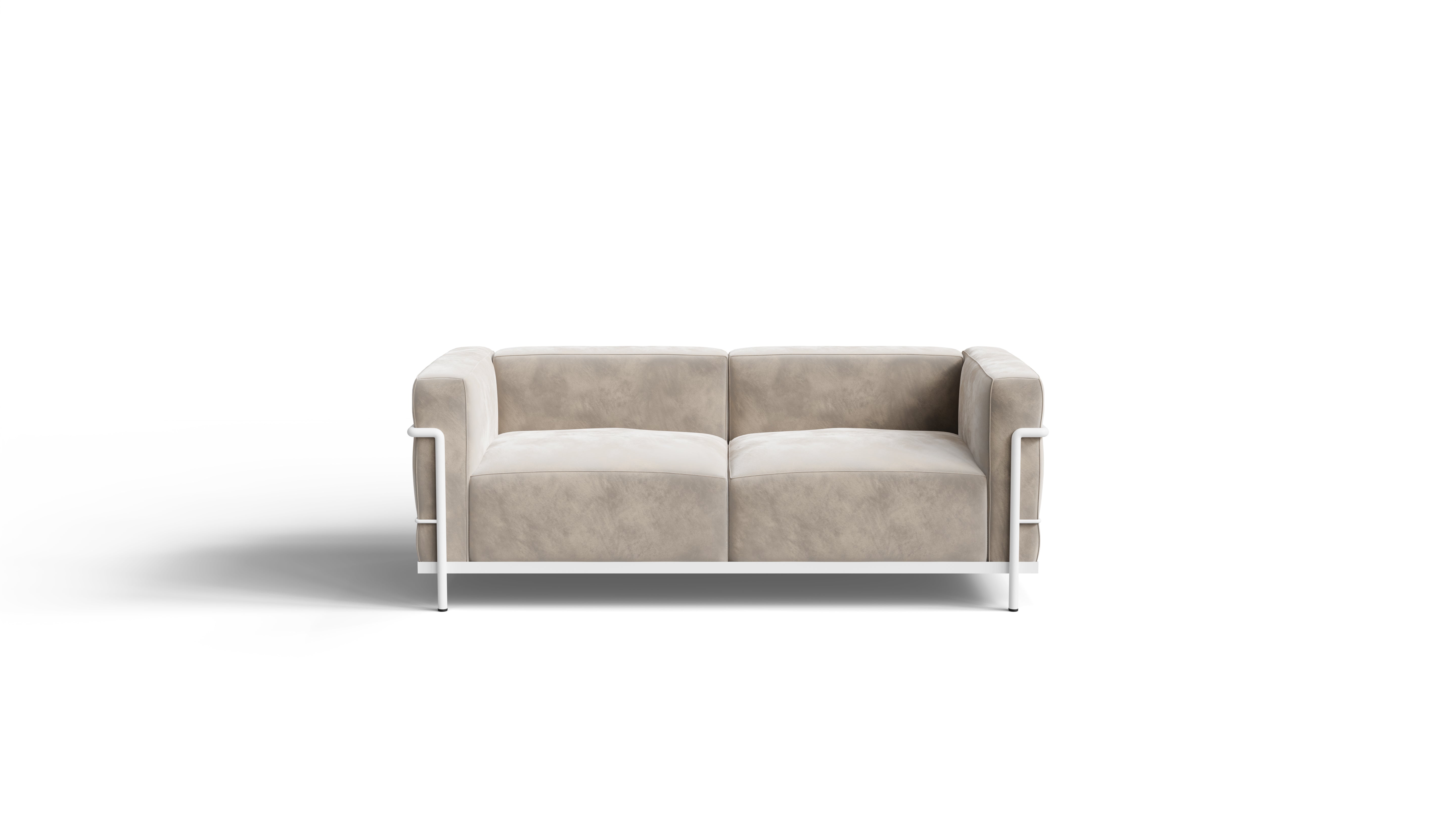 Le Corbusier LC3 Confort Grand Modèle Sofa Two-Seater Loveseat in Canada and the USA - Front, Beach Pebble Velvet Fabric White Powder Coat Variation