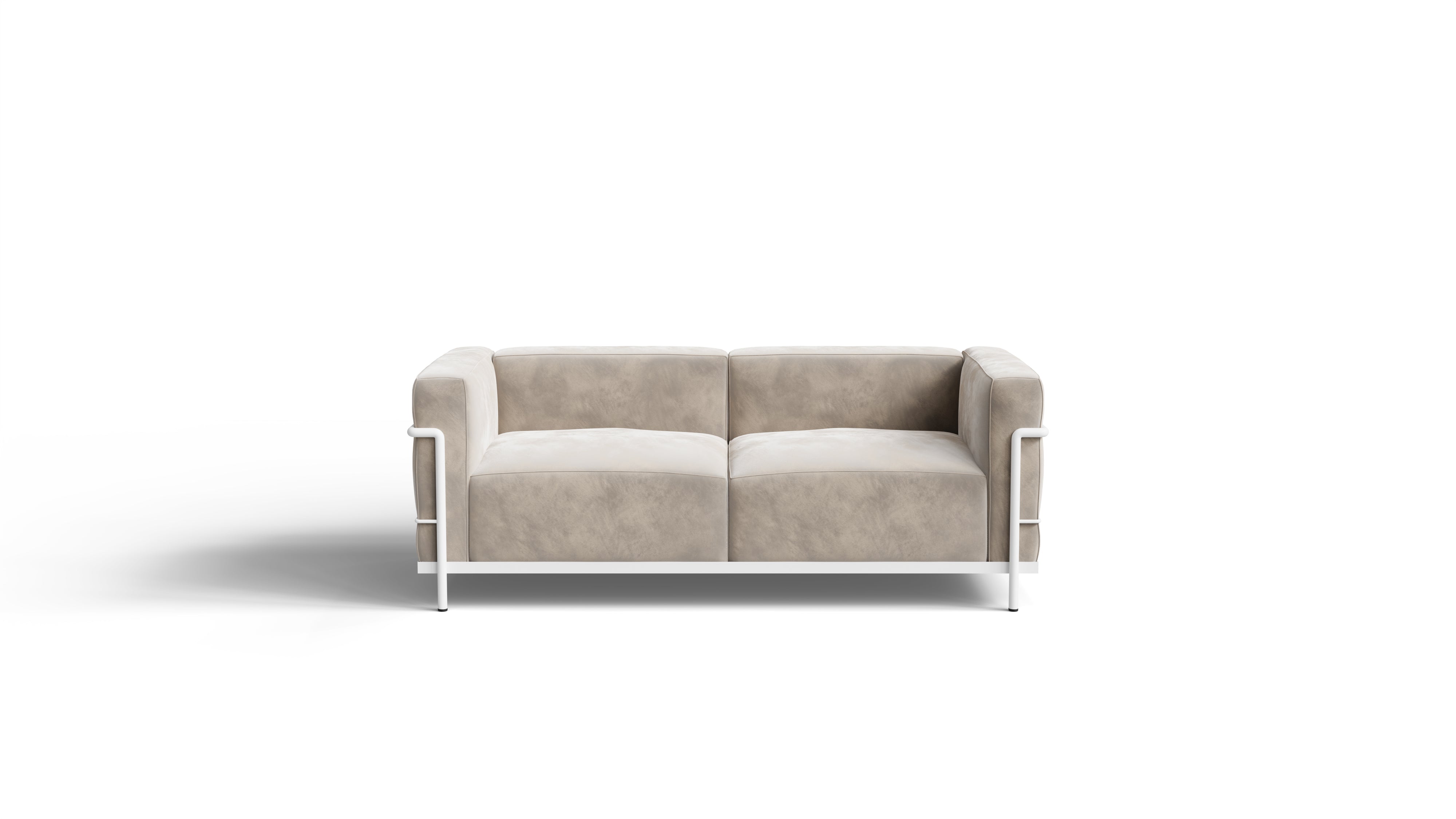 Le Corbusier LC3 Confort Grand Modèle Sofa Two-Seater Loveseat in Canada and the USA - Front, Beach Pebble Velvet Fabric White Powder Coat Variation