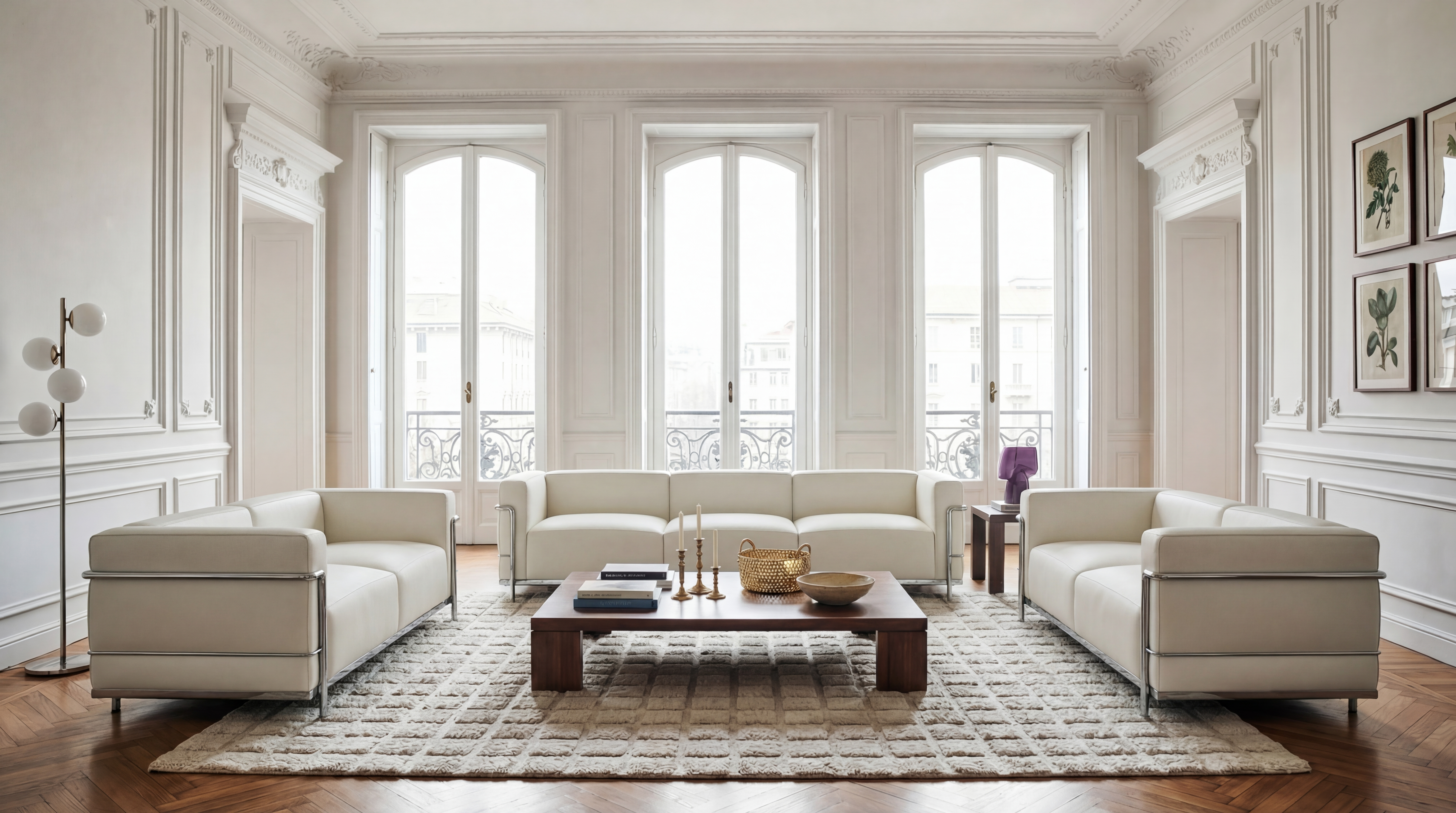 White Leather LC3 Sofa and Loveseats in a Victorian-style luxury apartment - USA Hero Image