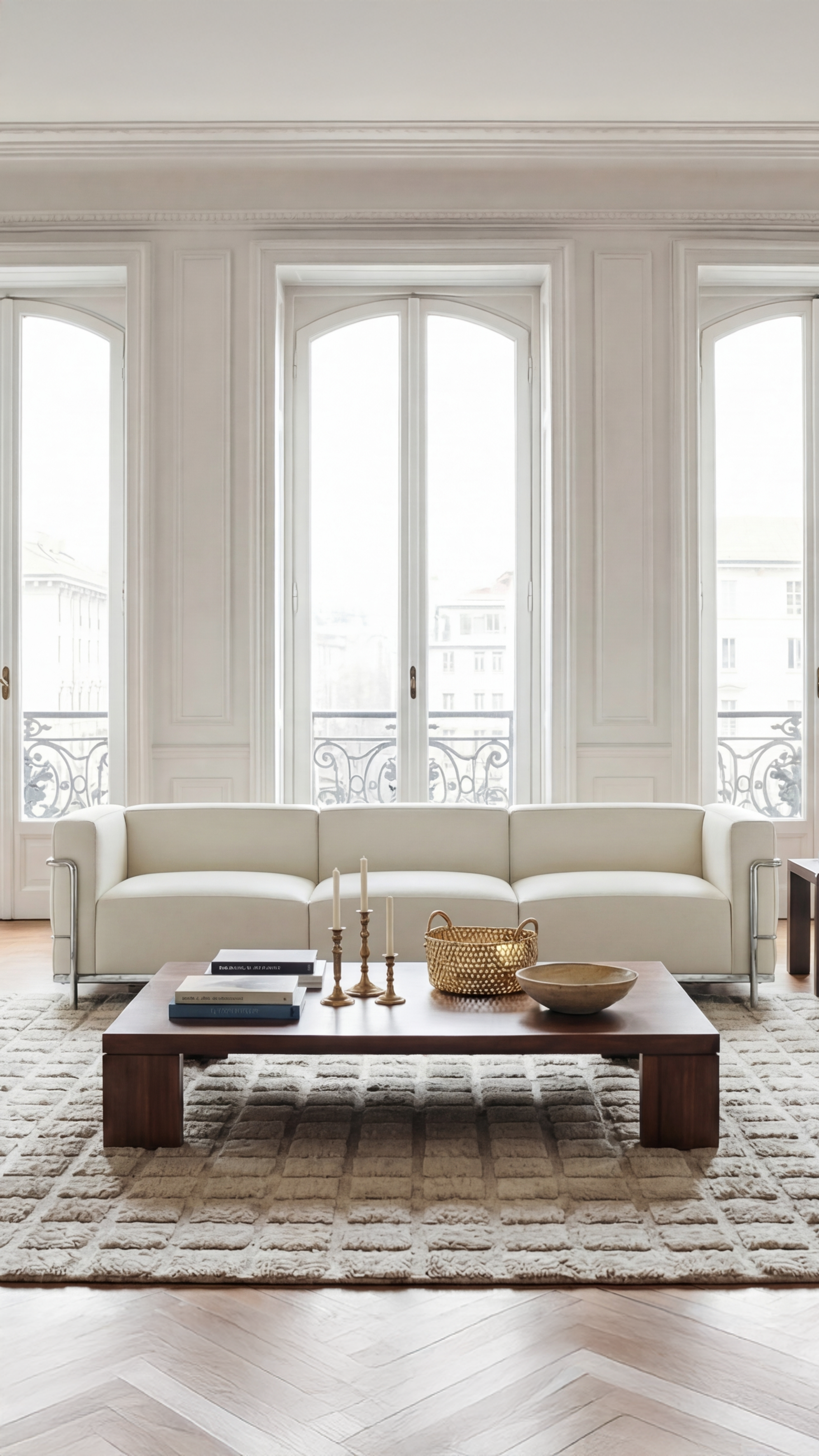 Modern living room with a white Le Corbusier LC3 Sofa, wooden coffee table, and decorative items. Mobile Hero image