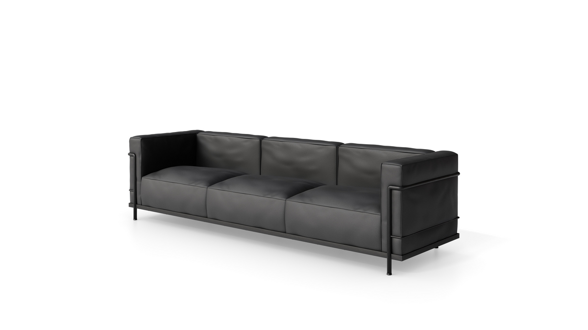 Le Corbusier LC3 Sofa Down Feather in Canada and the USA LC3 Confort Grand Modèle Sofa Three-Seater in Black Leather - Front Angle