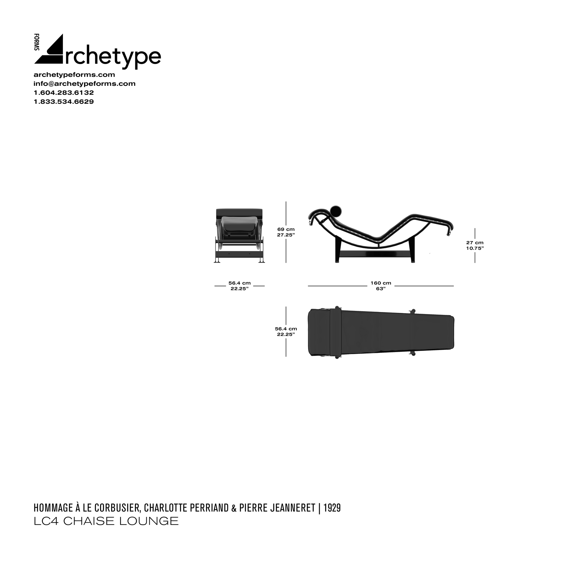 Dimensions diagram in cm and inches of the Archetype Forms LC4 Chaise Lounge: Black Haired Hide, a reproduction of the Le Corbusier, Pierre Jeanneret, and Charlotte Perriand LC4 Chaise Lounge, also known as 4 Chaise Longue à Réglage Continu by Hommage À Le Corbusier