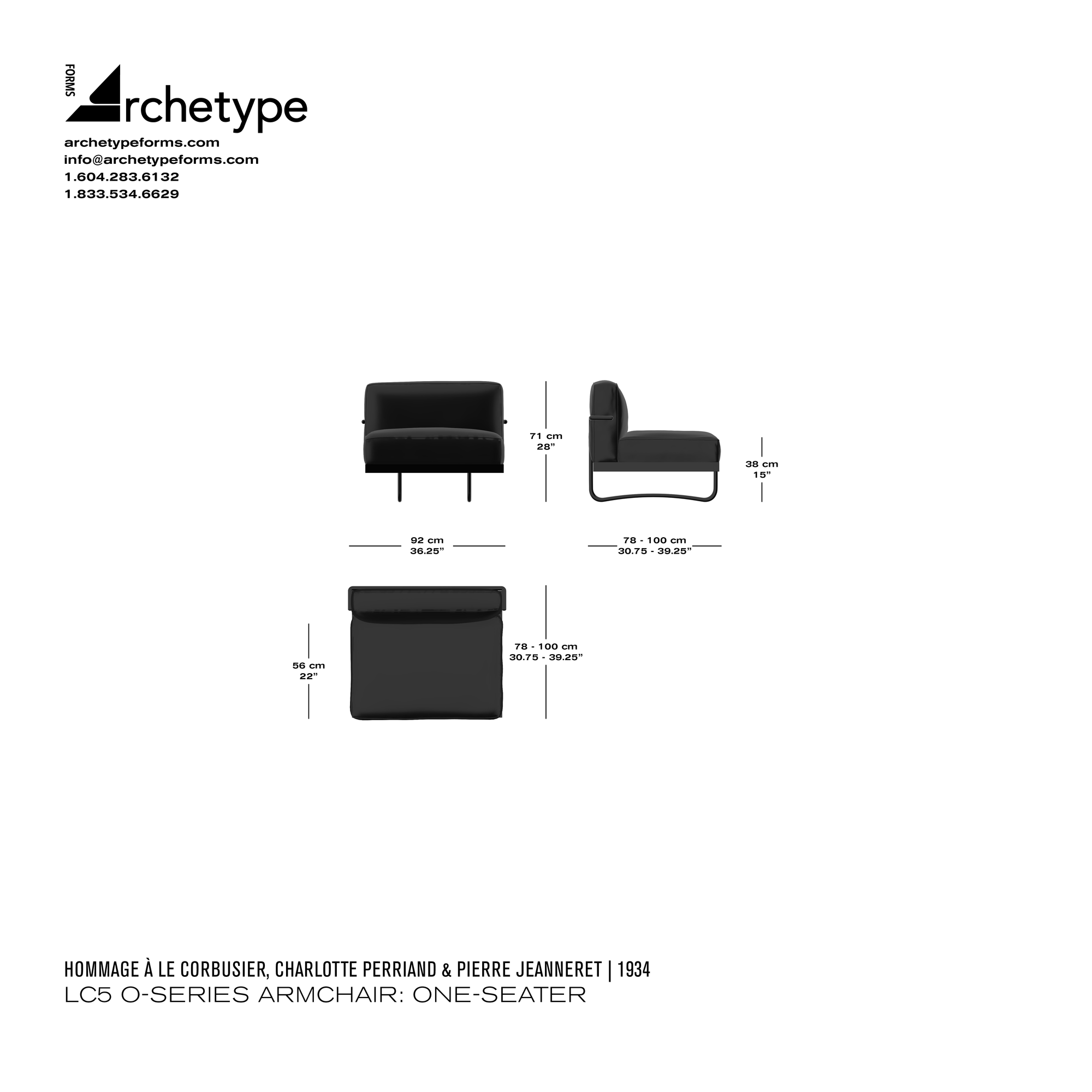 Dimensions diagram in cm and inches of the Archetype Forms LC5 O-Series Armchair: One-Seater, after Le Corbusier’s original by Hommage À Le Corbusier