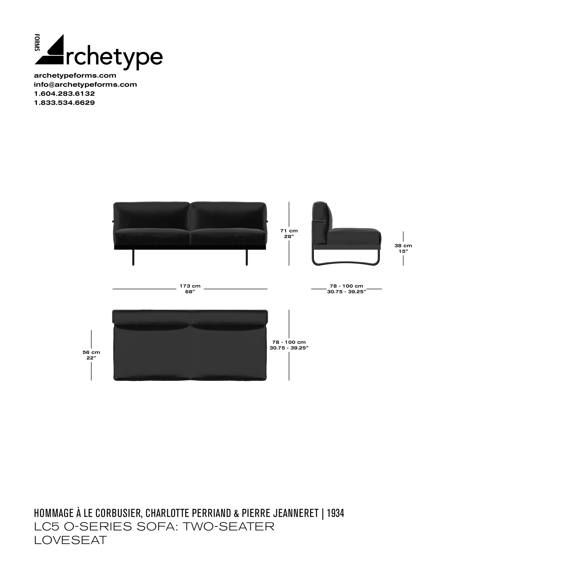 Dimensions diagram in cm and inches of the Archetype Forms LC5 O-Series Sofa: Two-Seater Loveseat, a reproduction of the Le Corbusier, Pierre Jeanneret, and Charlotte Perriand LC5 Office Series Two-Seat Sofa, also known as 5 Canapé, Appartement Le Corbusier by Hommage À Le Corbusier