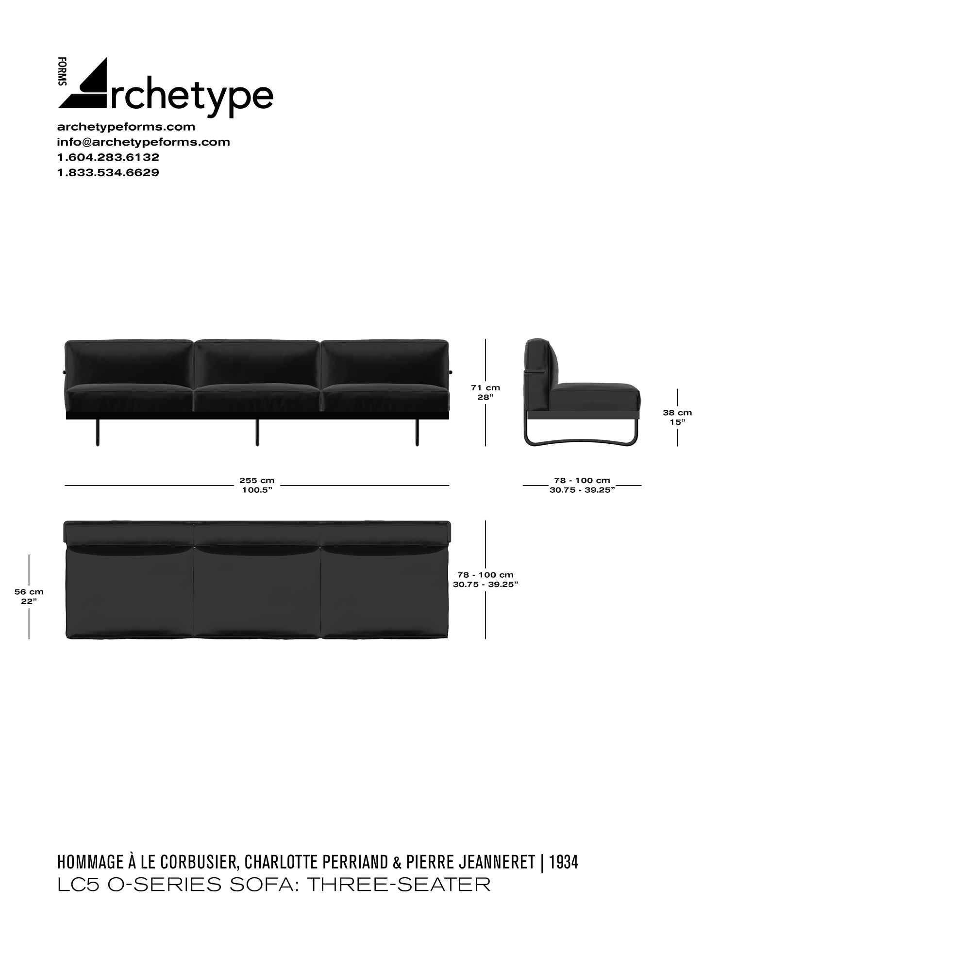 Dimensions diagram in cm and inches of the Archetype Forms LC5 O-Series Sofa: Three-Seater, a reproduction of the Le Corbusier, Pierre Jeanneret, and Charlotte Perriand LC5 Office Series Three-Seat Sofa, also known as 5 Canapé, Appartement Le Corbusier by Hommage À Le Corbusier