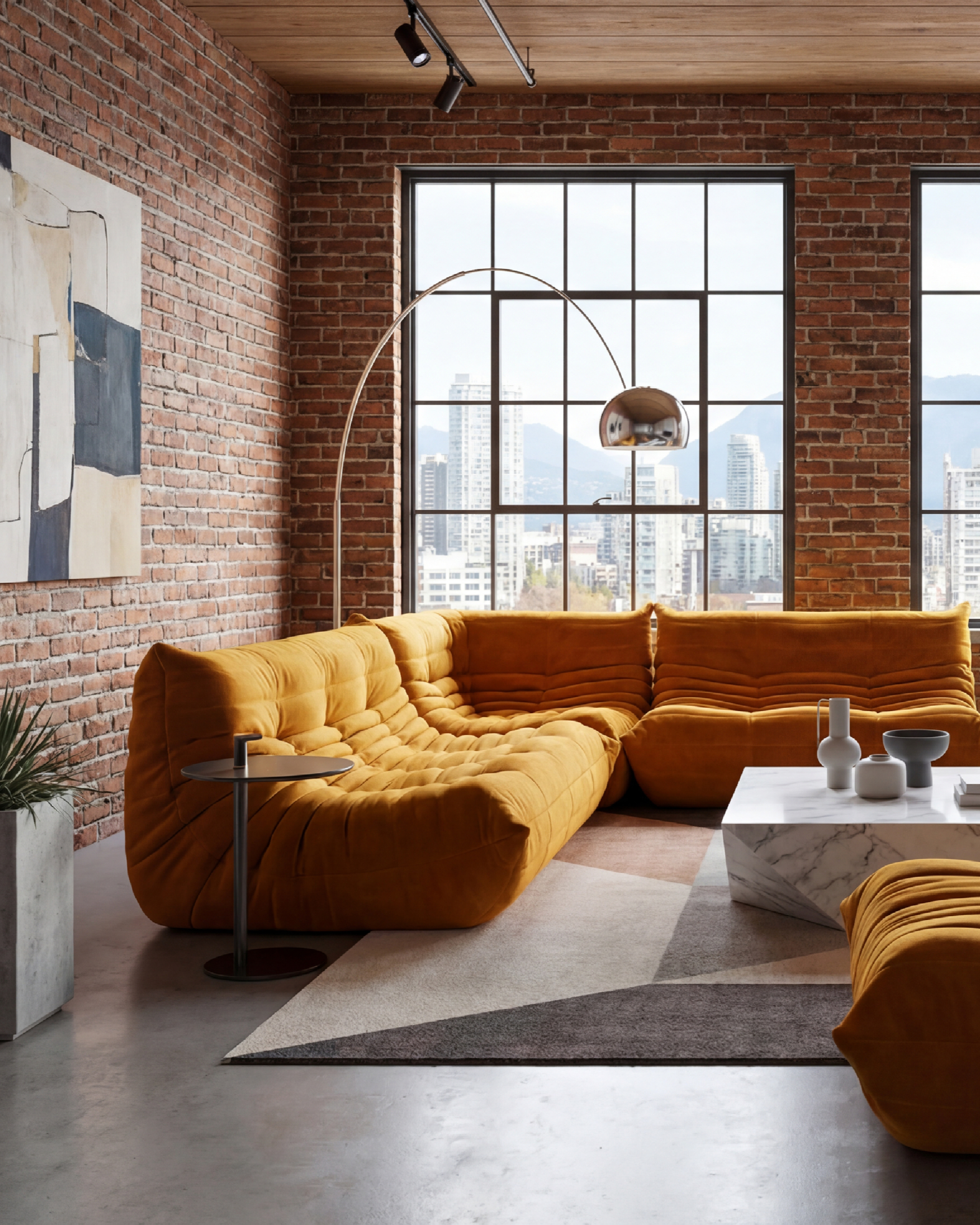 Modern living room with yellow Michel Ducaroy TOGO Corner Seat in the USA in Canada R 3233 rep, marble coffee table, and large windows with cityscape view. Mobile Hero