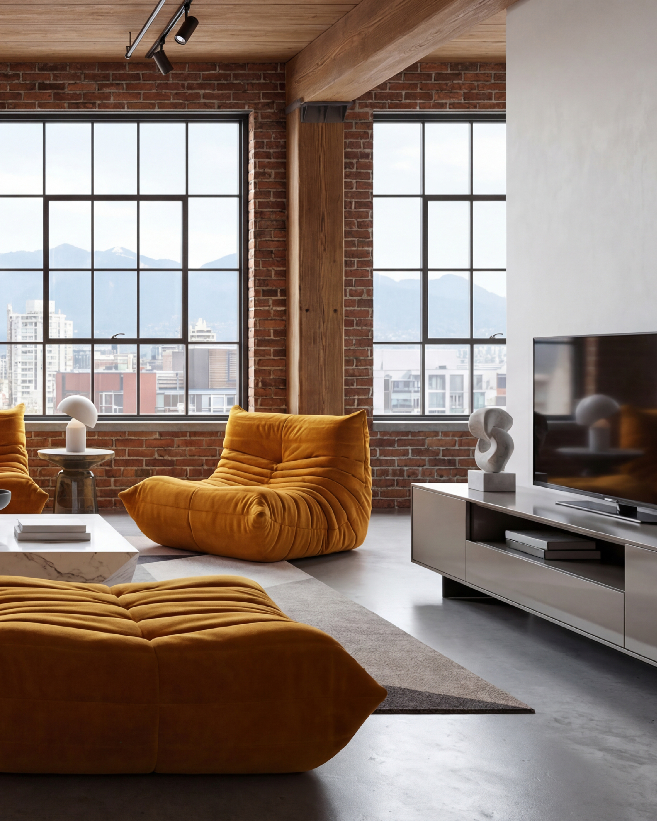Modern living room with yellow Michel Ducaroy TOGO Fireside Chair rep, marble coffee table, and large windows with cityscape view.