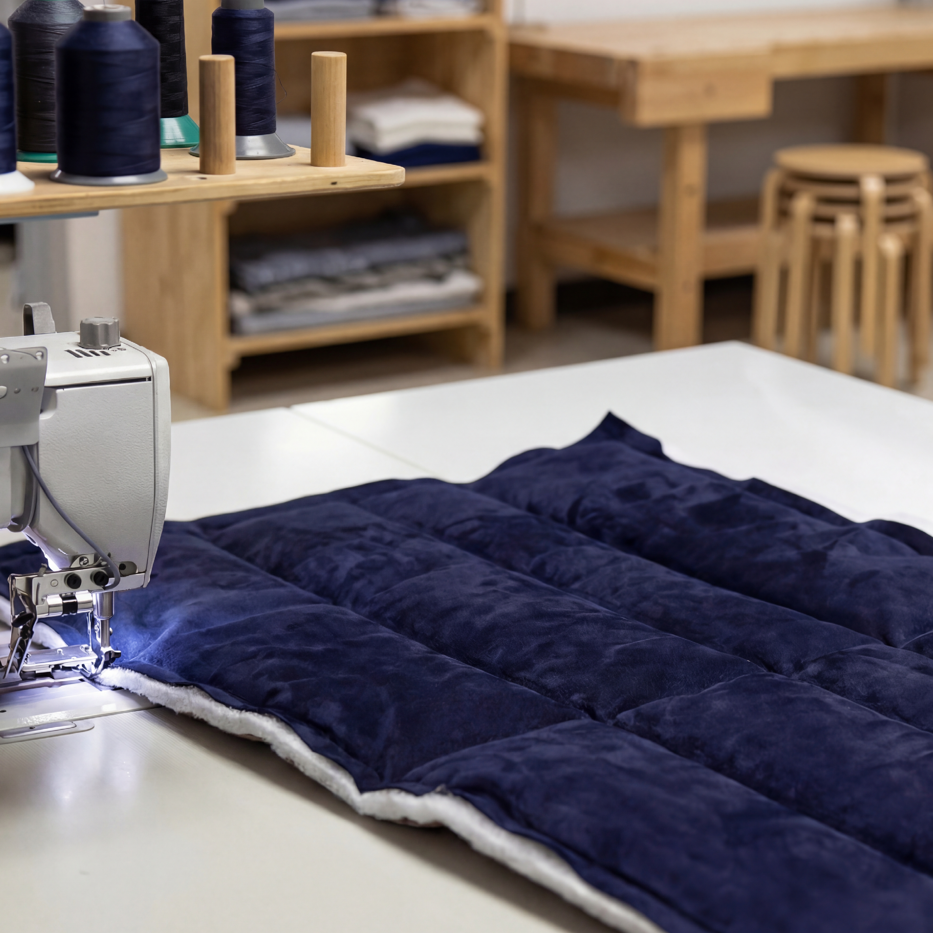 Close-up of a blue quilted TOGO fabric with visible stitching in the USA in Canada