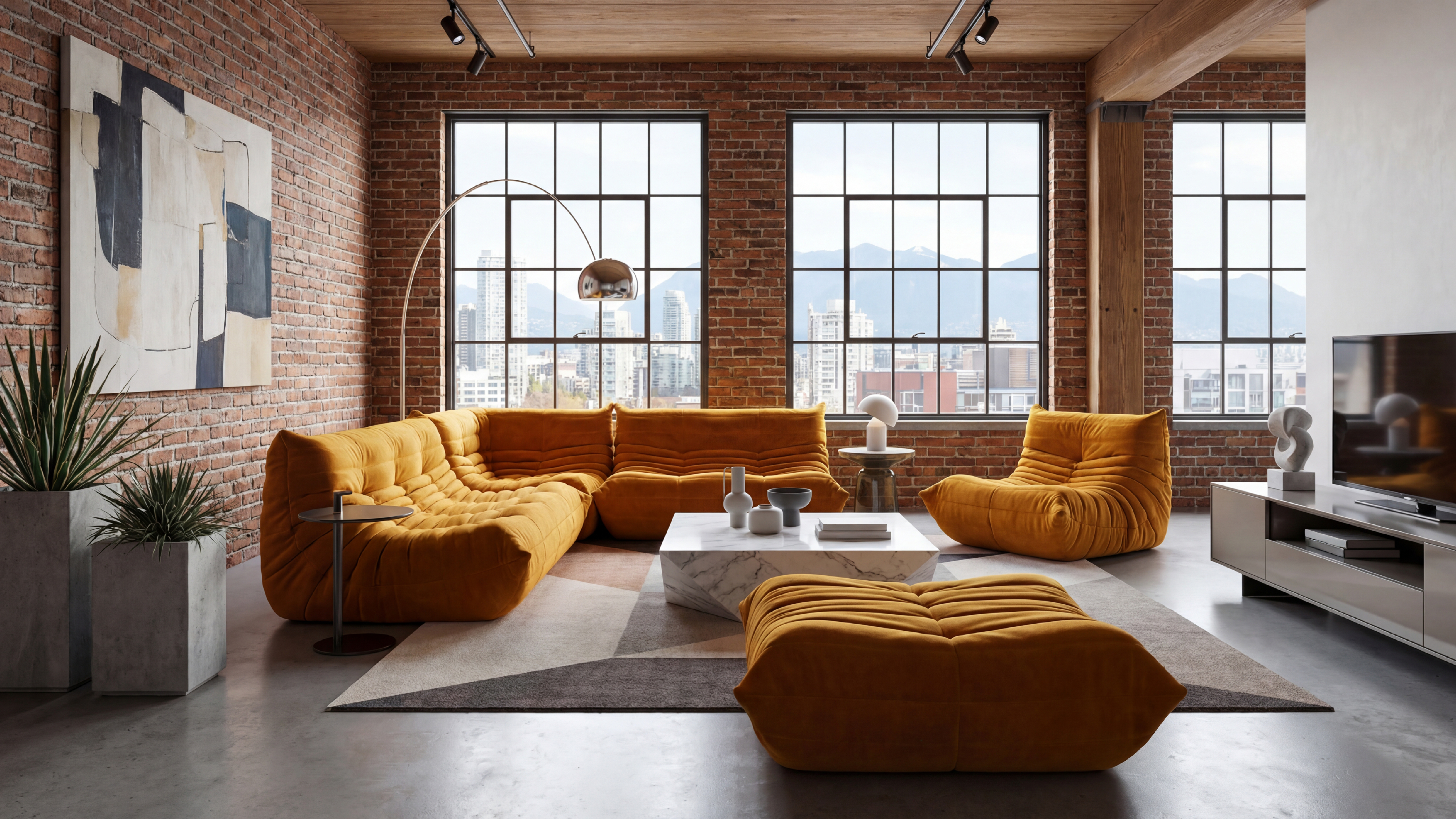 Modern living room with orange TOGO furniture and large windows in the USA in Canada