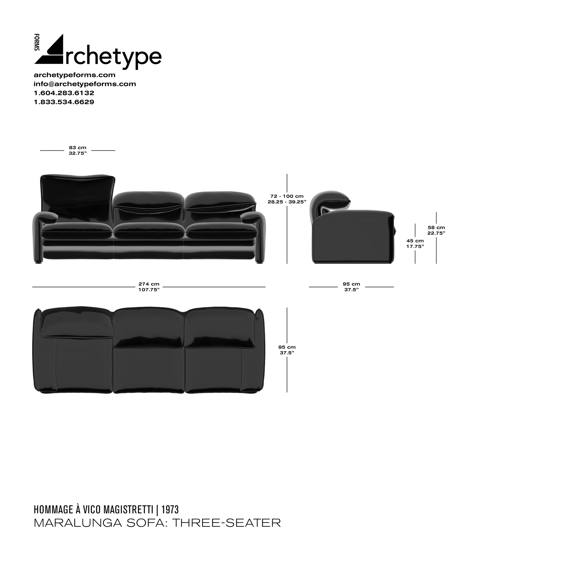 Dimensions diagram in cm and inches of the Archetype Forms Maralunga Sofa: Three-Seater, a reproduction of the Vico Magistretti Maralunga 3-Seater Sofa Model 675 03 A7, also known as Model 675 03 A7 Maralunga 3-Seat Sofa by Hommage À Vico Magistretti