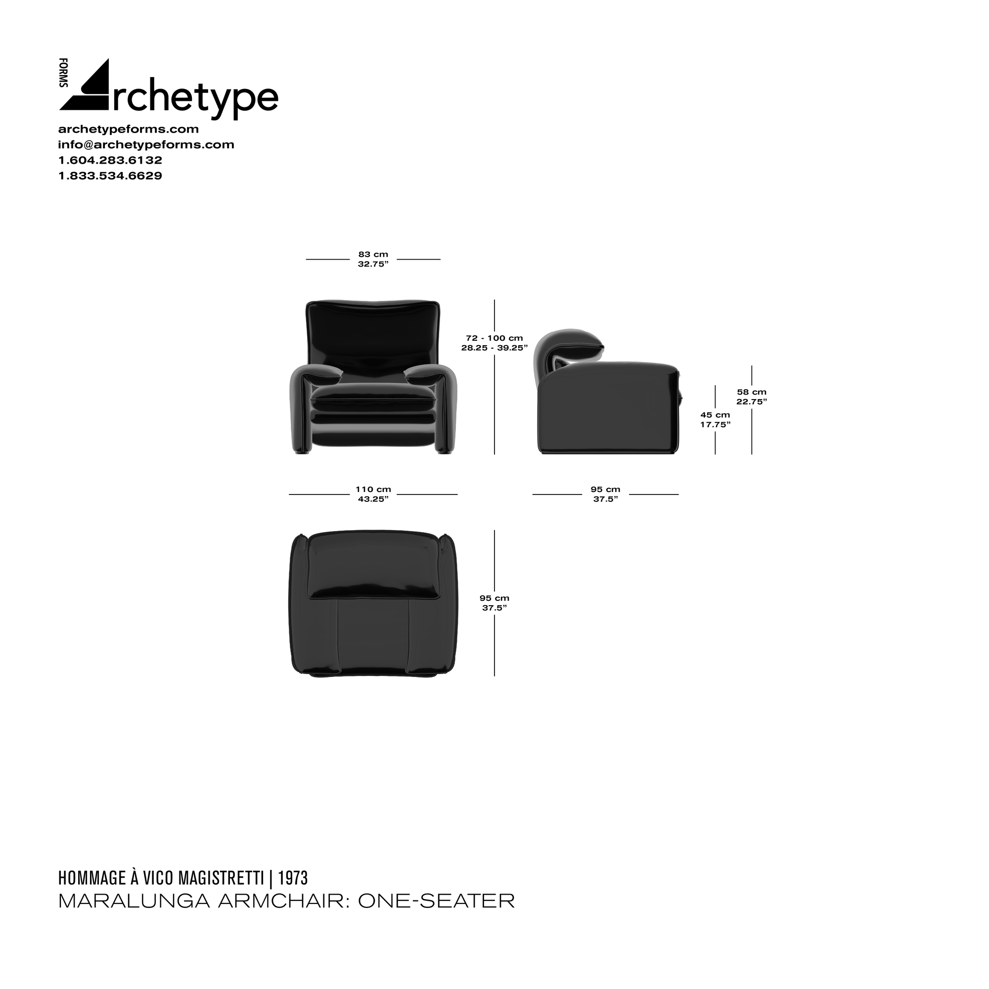 Dimensions diagram in cm and inches of the Archetype Forms Maralunga Armchair: One-Seater, a reproduction of the Vico Magistretti Maralunga Armchair Model 675 5 A1, also known as Model 675 5 A1 Maralunga Poltrona Lounge Chair by Hommage À Vico Magistretti