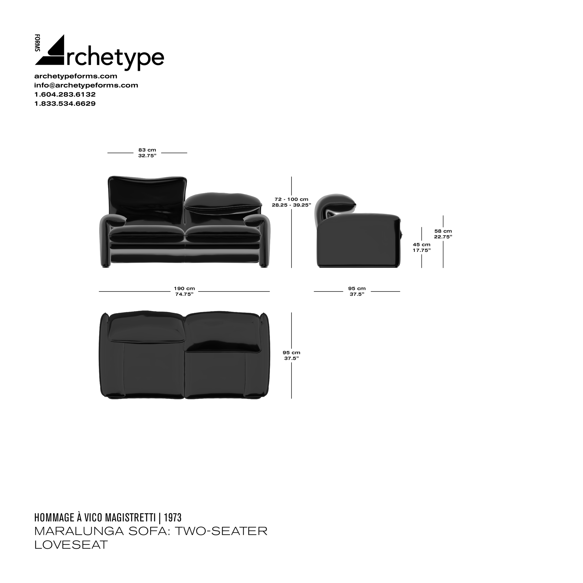Dimensions diagram in cm and inches of the Archetype Forms Maralunga Sofa: Two-Seater Loveseat, a reproduction of the Vico Magistretti Maralunga 2-Seater Sofa Model 675 06 A6, also known as Model 675 06 A6 Maralunga Settee Loveseat by Hommage À Vico Magistretti