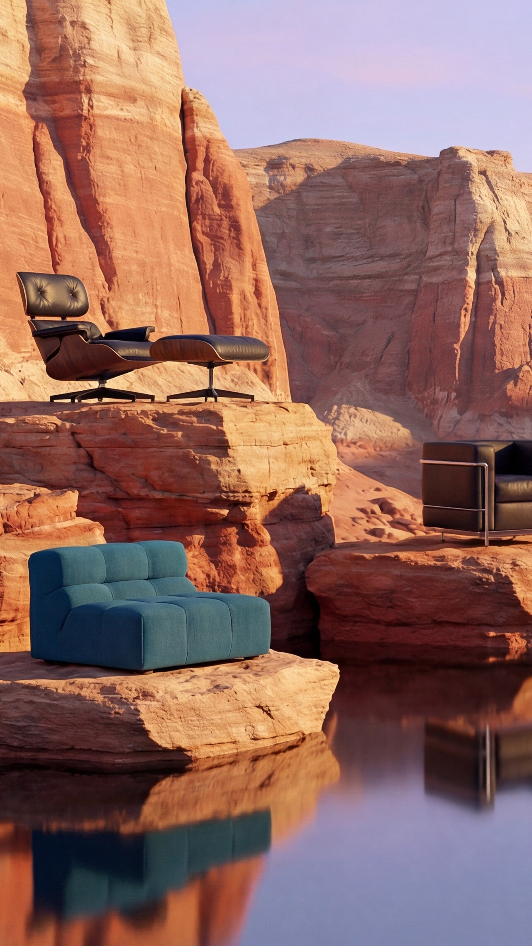 Modern armchairs on rock formations over a body of water with desert landscape. Includes Eames Chair & Ottoman, Le Corbusier LC2 Ottoman and Tufty Time Modular Chair - Mobile Hero Image