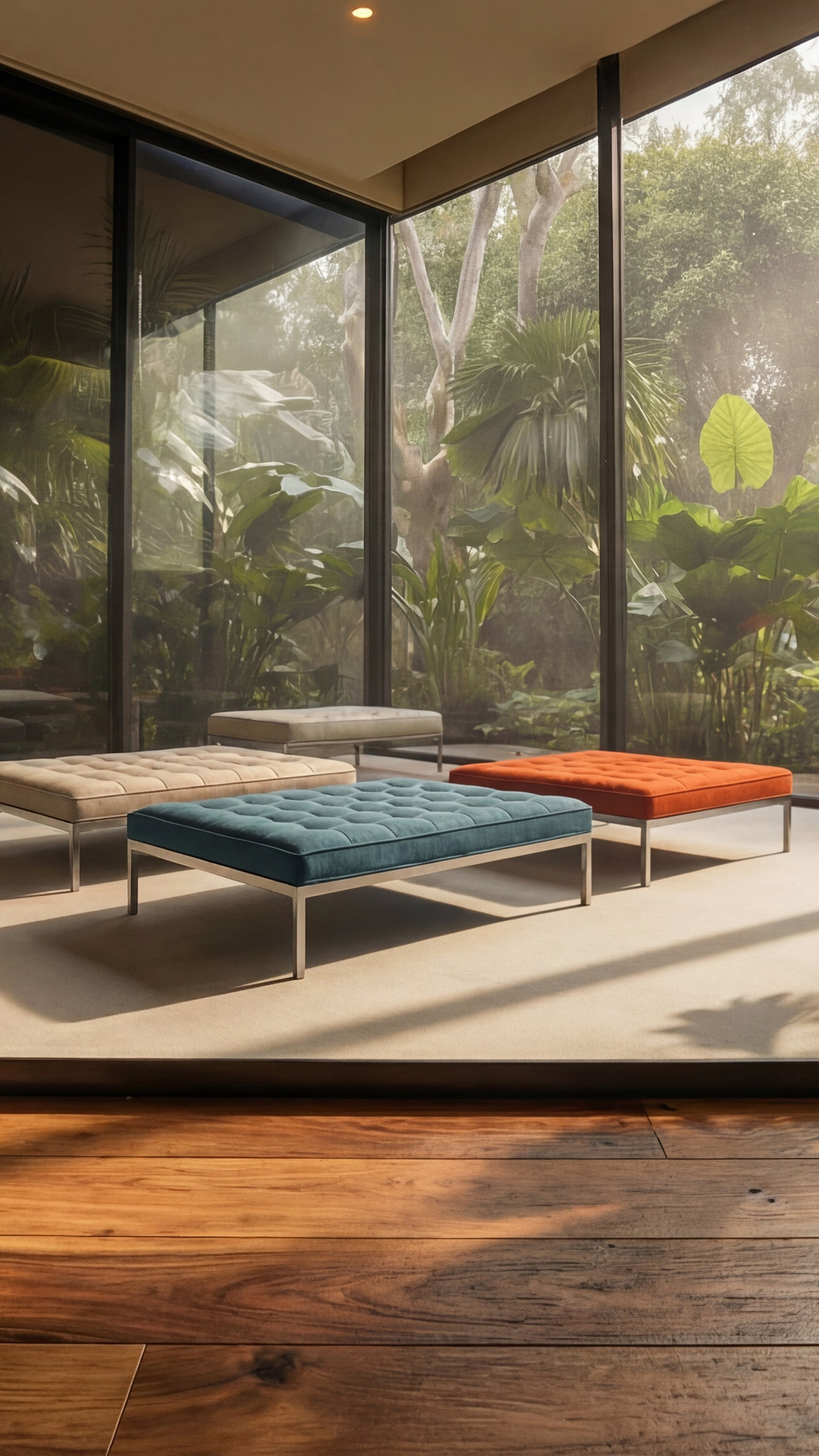 Modern indoor space with benches & ottomans large glass windows, plants, and colorful furniture in the USA in Canada - Mobile Hero