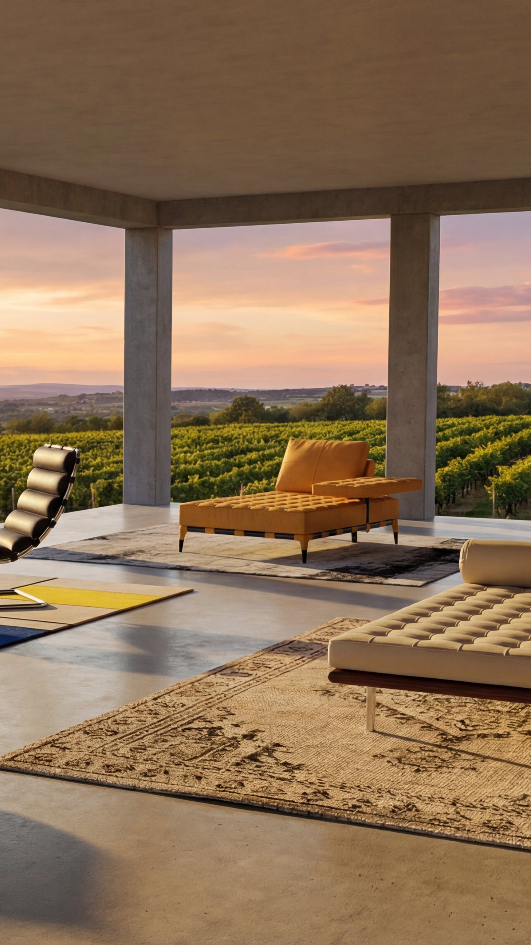 Modern patio with Le Corbusier, Mies Van Der Rohe, Prive lounge chairs and daybeds with a view of vineyards at sunset - Mobile