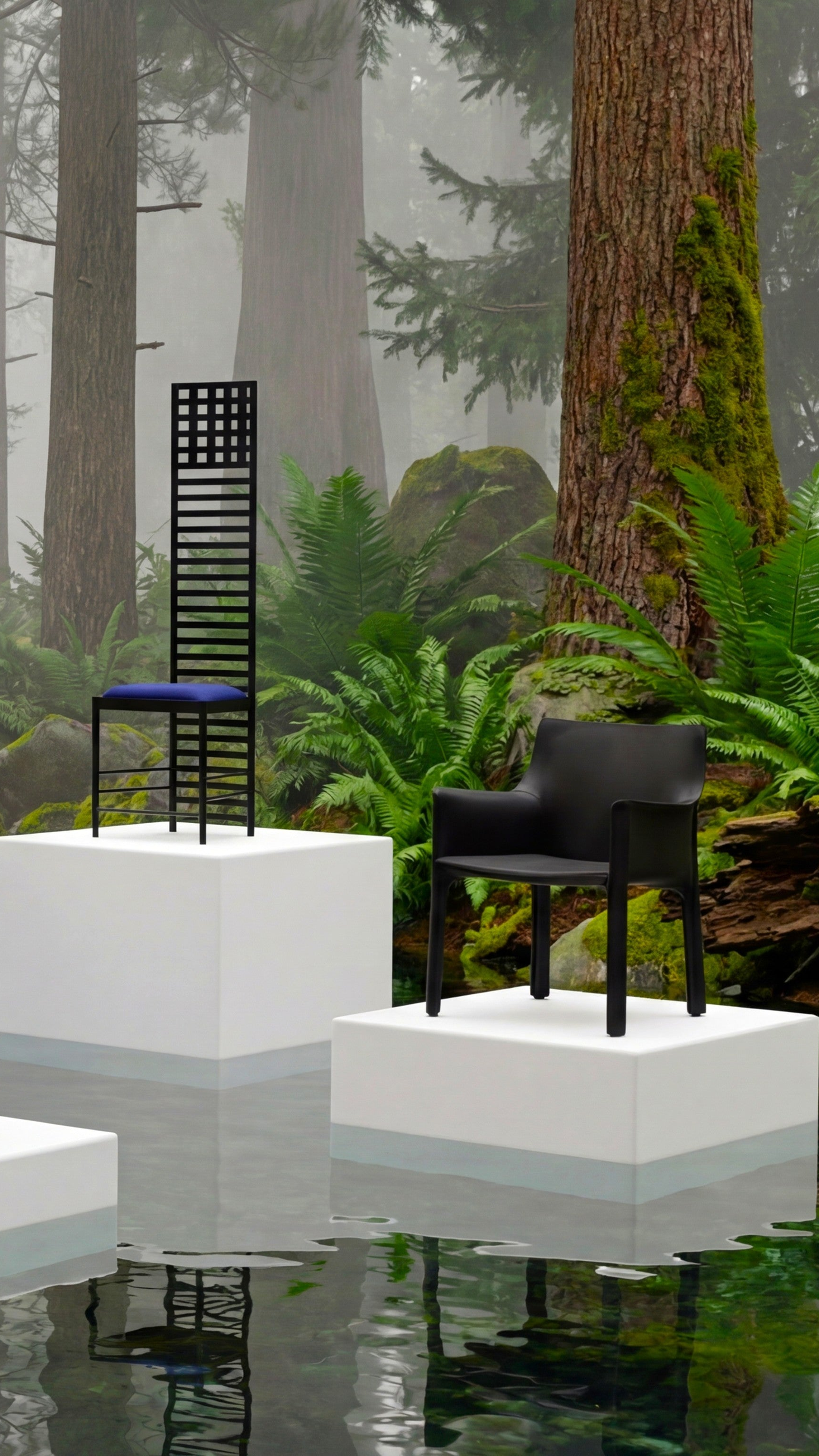 Dining Chair & Small Black Armchair on white platforms with a forest and water background
