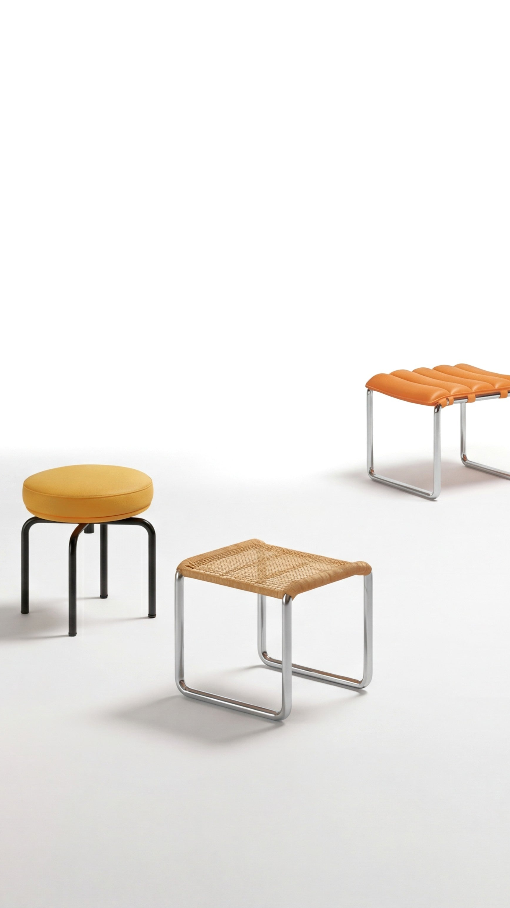 Set of mid-century modern Eames, Mies Van Der Rohe, Le Corbusier and Florence Knoll stools and chairs in various colors on a white background - Mobile