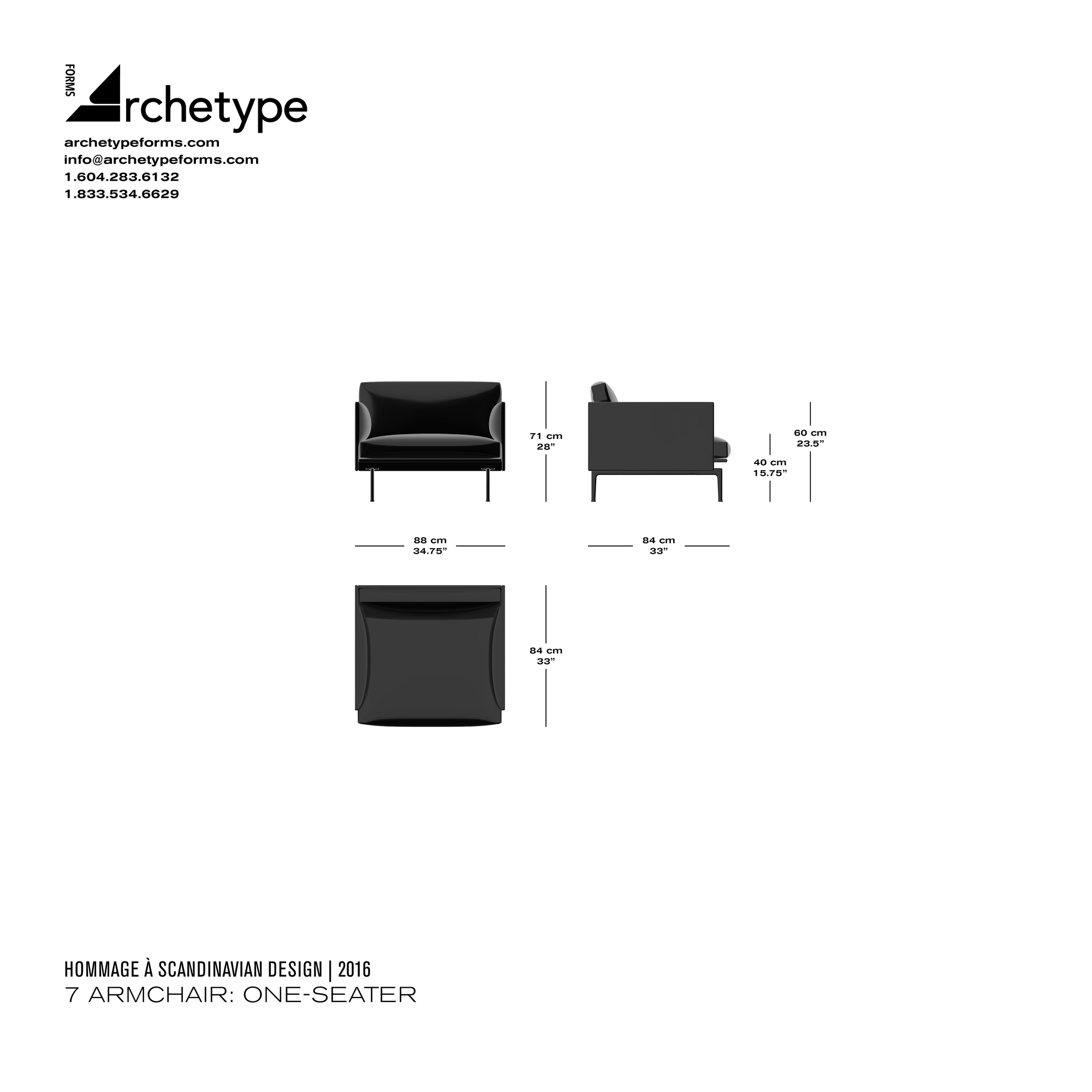 Dimensions diagram in cm and inches of the Archetype Forms 7 Armchair: One-Seater, a reproduction of the Anderssen & Voll Outline Chair for Muuto by Hommage À Scandinavian Design