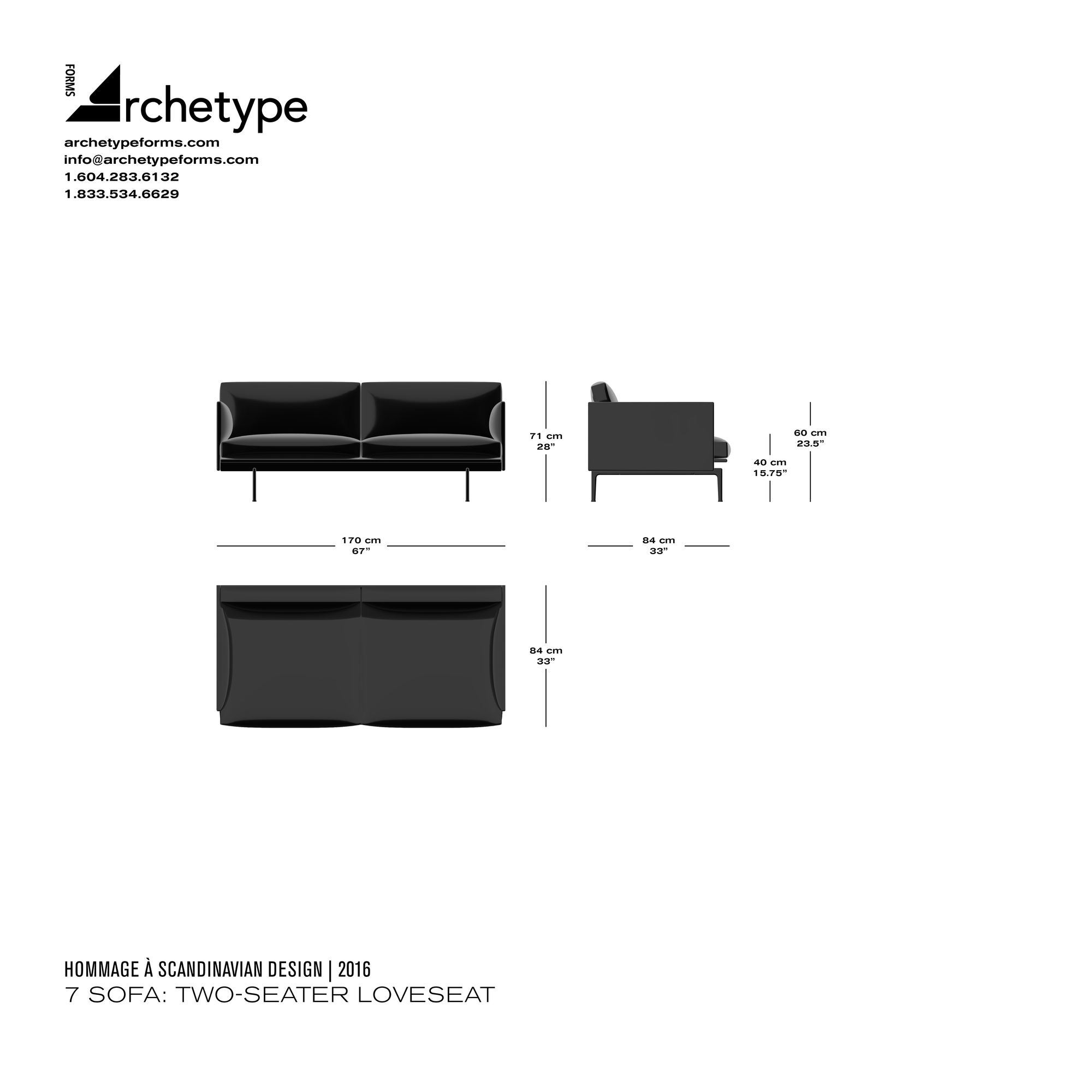 Dimensions diagram in cm and inches of the Archetype Forms 7 Sofa: Two-Seater Loveseat, a reproduction of the Anderssen & Voll Outline Sofa 2-Seater for Muuto by Hommage À Scandinavian Design