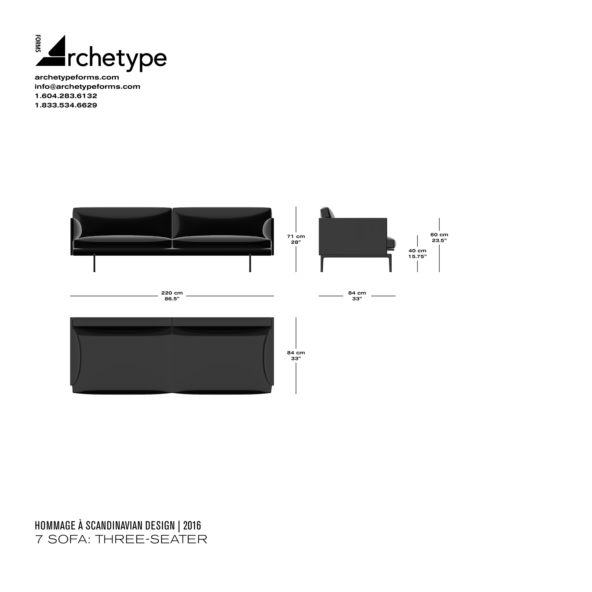 Dimensions diagram in cm and inches of the Archetype Forms 7 Sofa: Three-Seater, a reproduction of the Anderssen & Voll Outline Sofa 3-Seater for Muuto by Hommage À Scandinavian Design