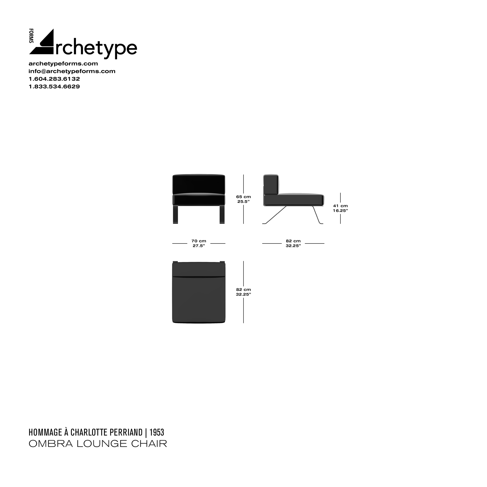 Dimensions diagram in cm and inches of the Archetype Forms Ombra Lounge Chair, a reproduction of the Charlotte Perriand Ombra Armchair, also known as 512 Ombra Armchair by Hommage À Charlotte Perriand