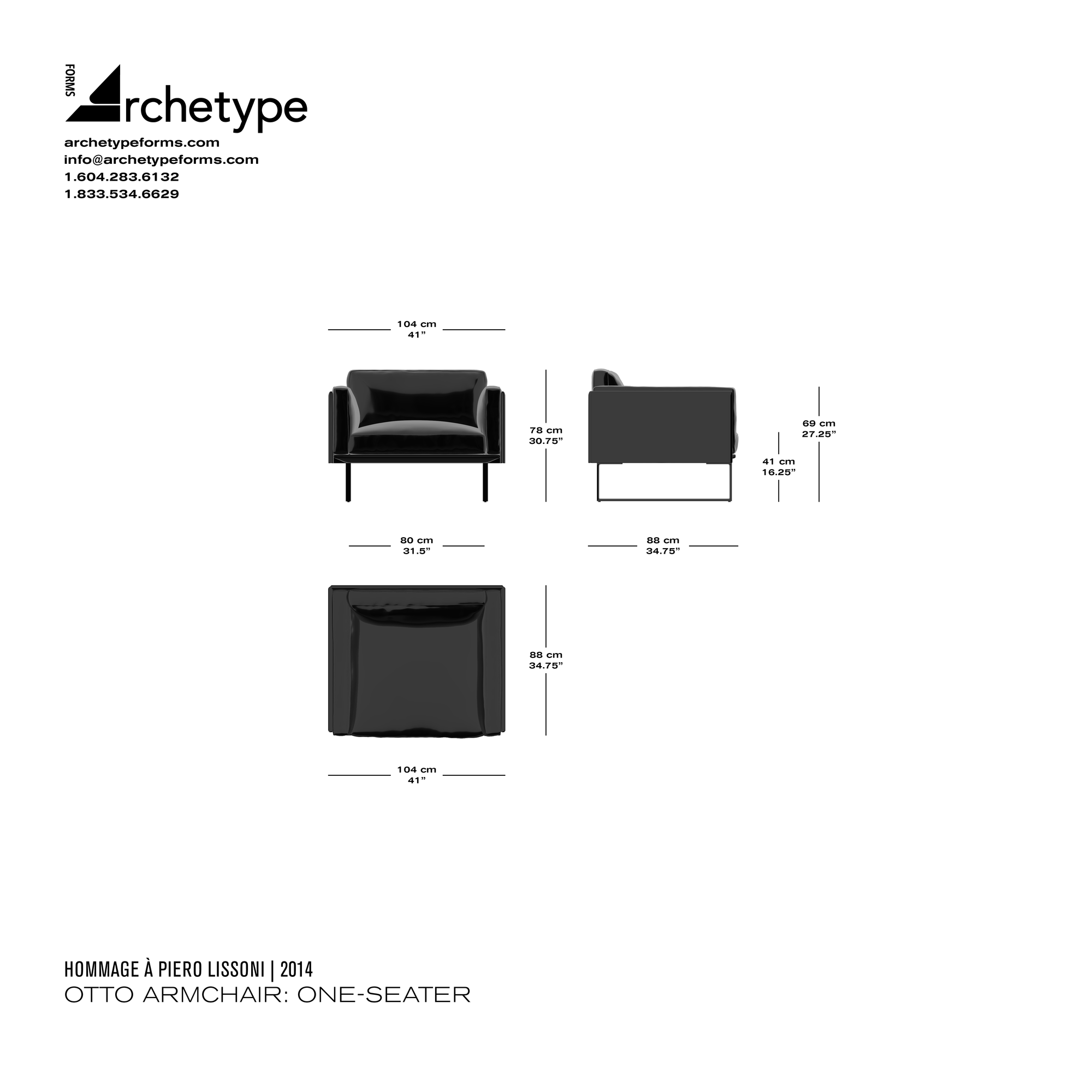 Dimensions diagram in cm and inches of the Archetype Forms Otto Armchair: One-Seater, a reproduction of the Piero Lissoni 8 Otto Armchair model 202-203 01 by Hommage À Piero Lissoni