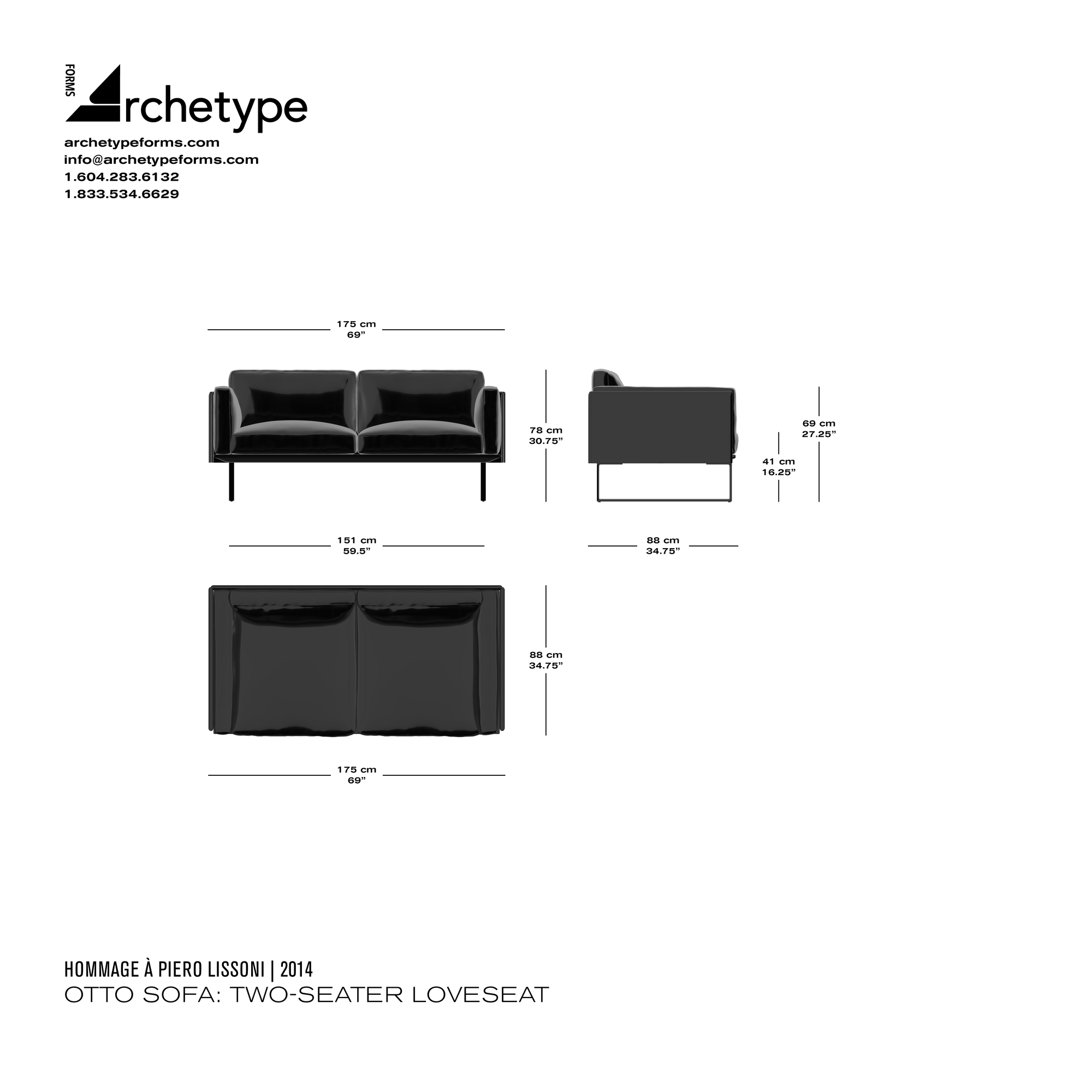 Dimensions diagram in cm and inches of the Archetype Forms Otto Sofa: Two-Seater Loveseat, a reproduction of the Piero Lissoni 8 Otto Sofa 2-Seater model 202-203 02 by Hommage À Piero Lissoni