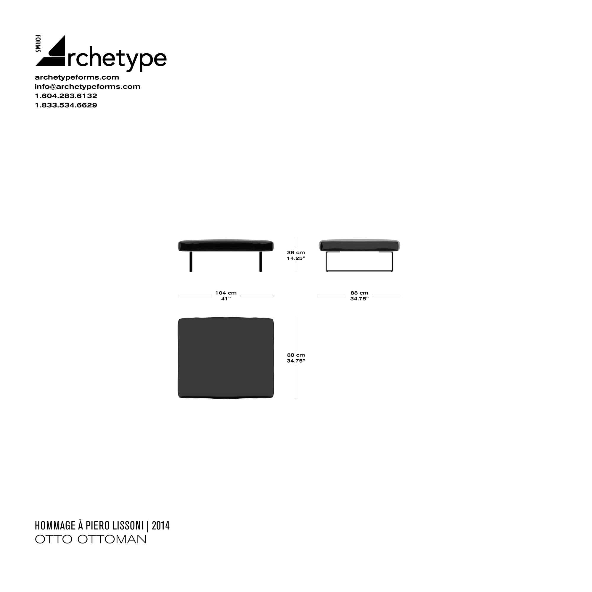 Dimensions diagram in cm and inches of the Archetype Forms Otto Ottoman, a reproduction of the Piero Lissoni 8 Otto Ottoman model 202-203 03 by Hommage À Piero Lissoni