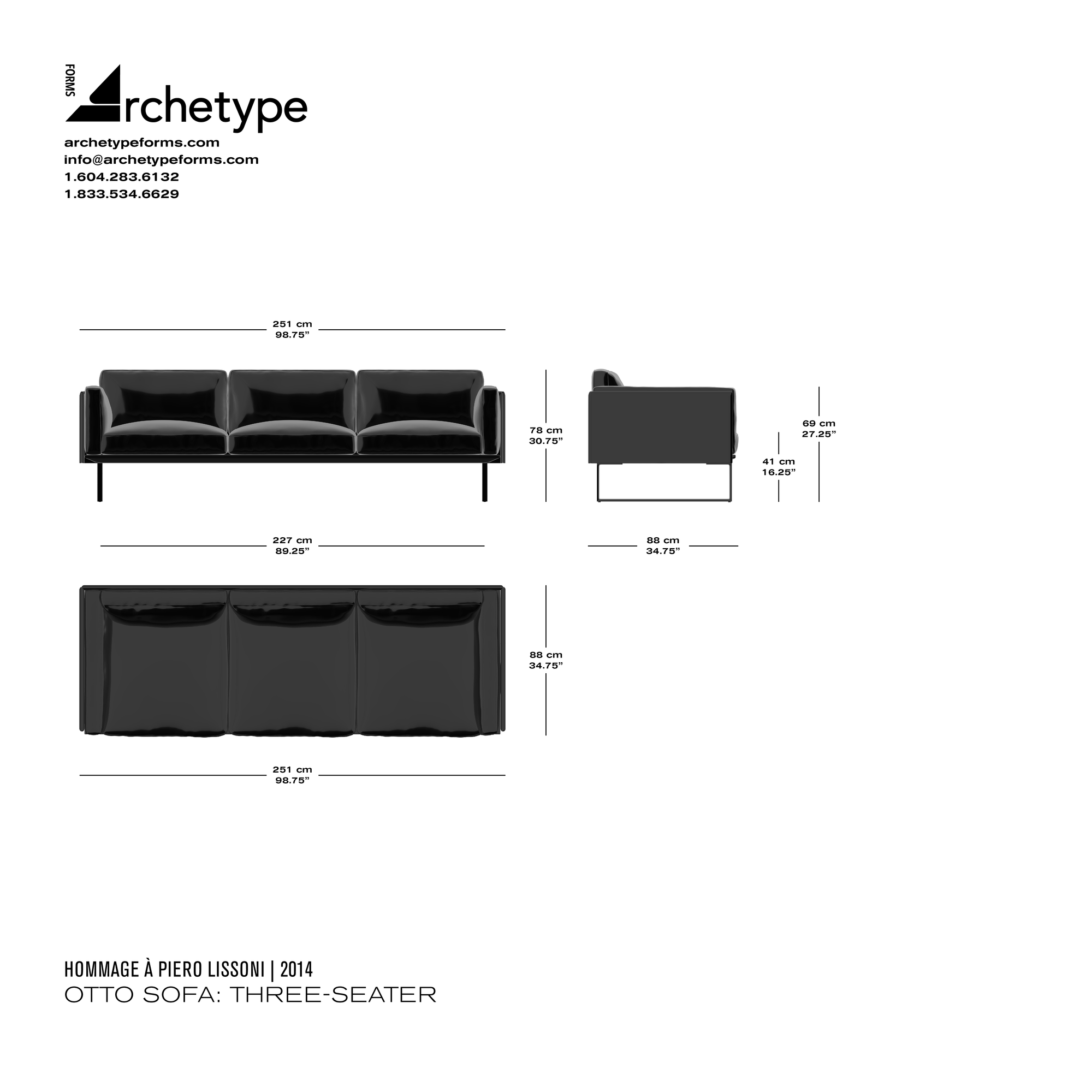 Dimensions diagram in cm and inches of the Archetype Forms Otto Sofa: Three-Seater, a reproduction of the Piero Lissoni 8 Otto 3-Seater Sofa model 202-203 06 by Hommage À Piero Lissoni