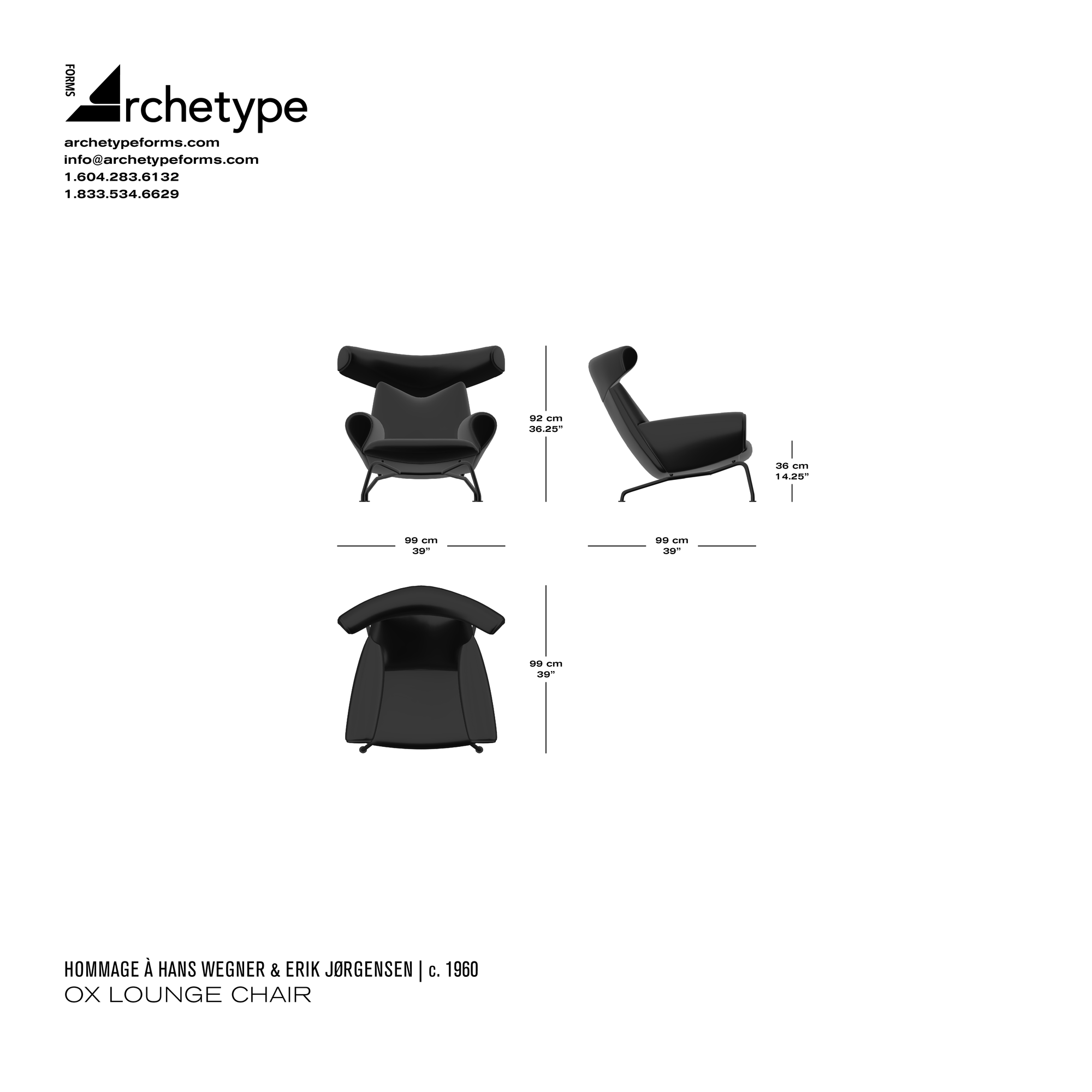Dimensions diagram in cm and inches of the Archetype Forms Ox Lounge Chair, a reproduction of the Hans Wegner and Erik Jørgensen Ox Chair, also known as the Model EJ 100 and 1000 Ox Chair by Hommage À Erik Jørgensen & Hans Wegner