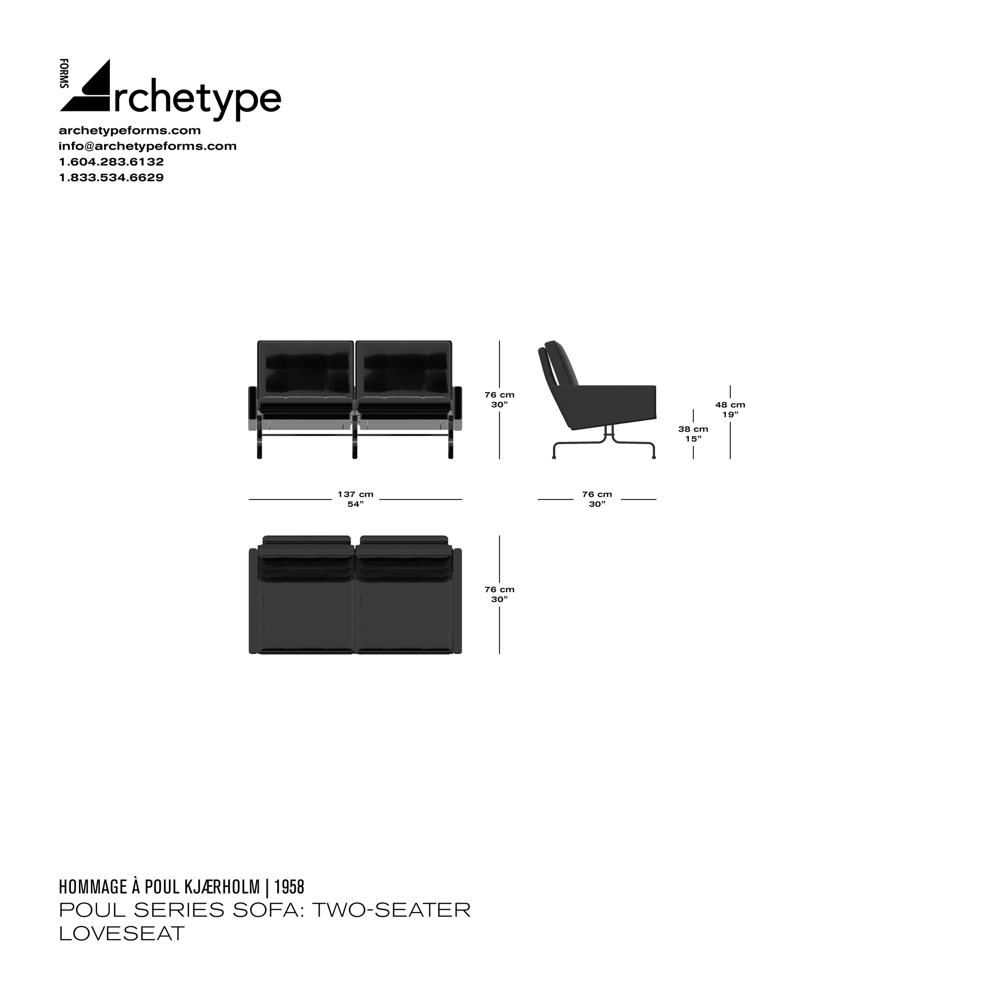 Dimensions diagram in cm and inches of the Archetype Forms Poul Series Sofa: Two-Seater Loveseat, a reproduction of the Poul Kjærholm PK31 Loveseat Sofa model PK31-2 by Hommage À Poul Kjærholm