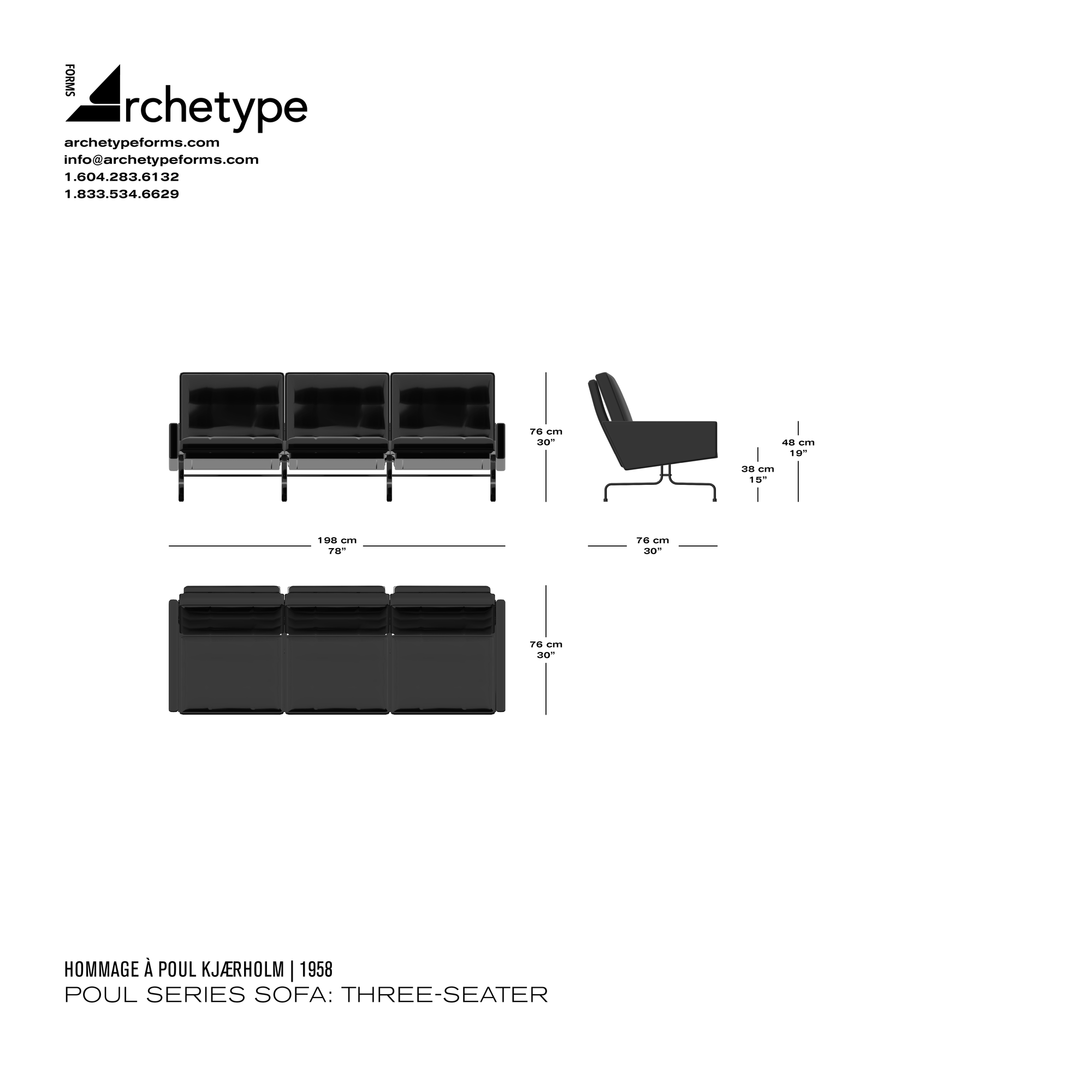 Dimensions diagram in cm and inches of the Archetype Forms Poul Series Sofa: Three-Seater, a reproduction of the Poul Kjærholm PK31 3-Seat Sofa model PK31-3 by Hommage À Poul Kjærholm