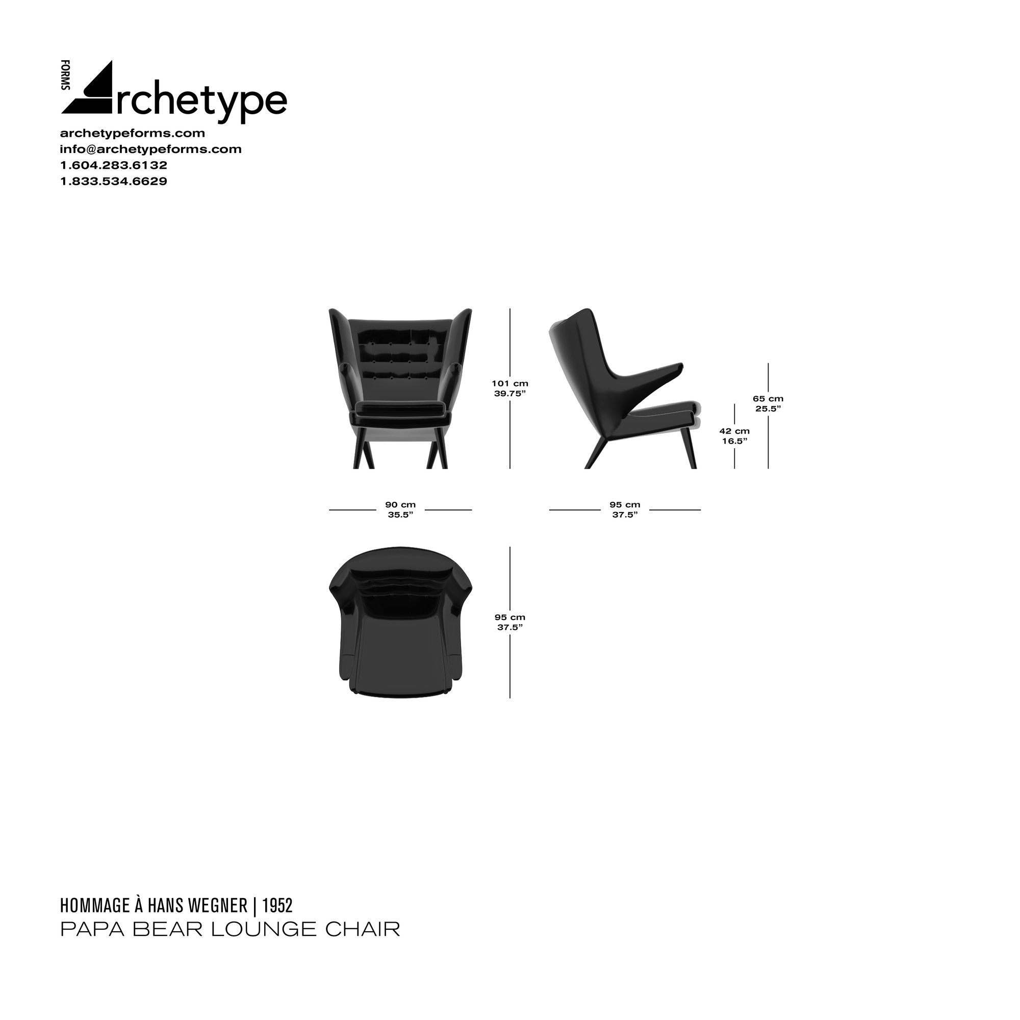 Dimensions diagram in cm and inches of the Archetype Forms Papa Bear Lounge Chair, a reproduction of the Hans J. Wegner Papa Bear Chair, Model PP19 & AP19 Papa Bear Chair by Hommage À Hans Wegner