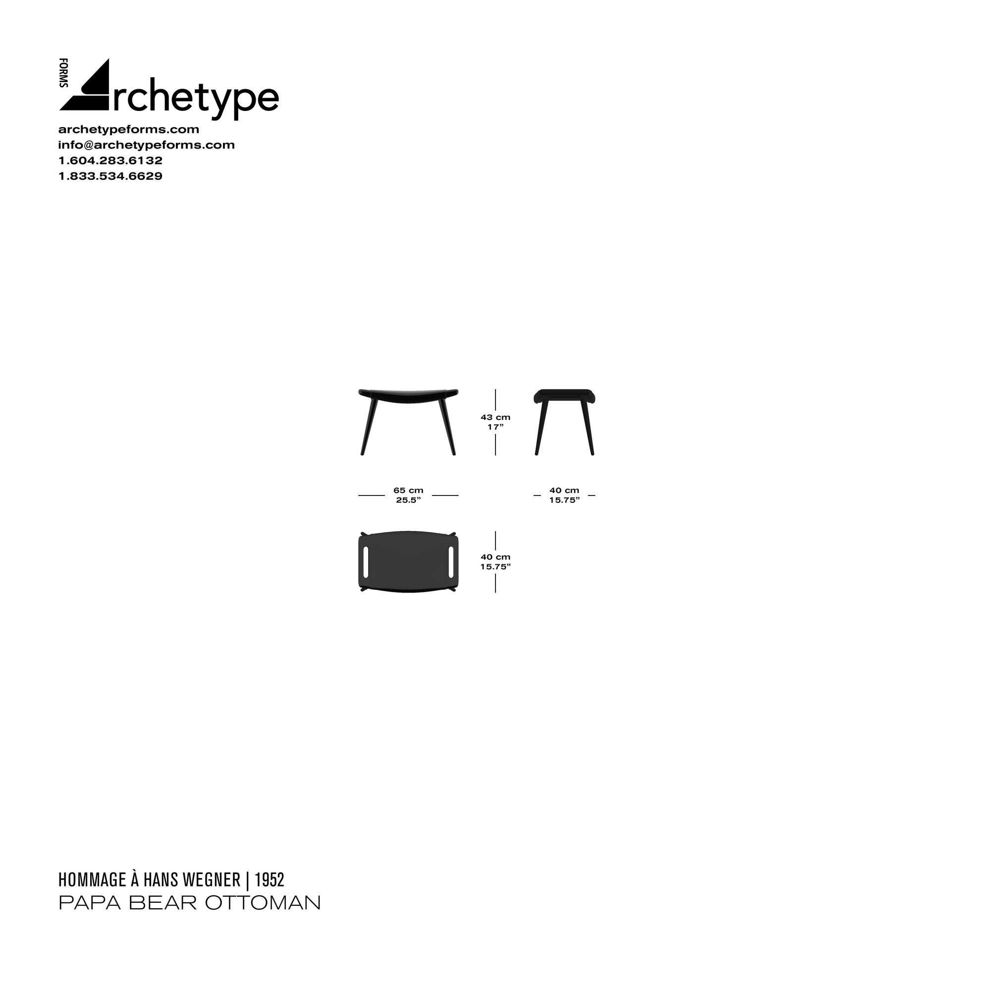 Dimensions diagram in cm and inches of the Archetype Forms Papa Bear Ottoman, a reproduction of the Hans J. Wegner Papa Bear Ottoman, Model PP120 Papa Bear Ottoman by Hommage À Hans Wegner