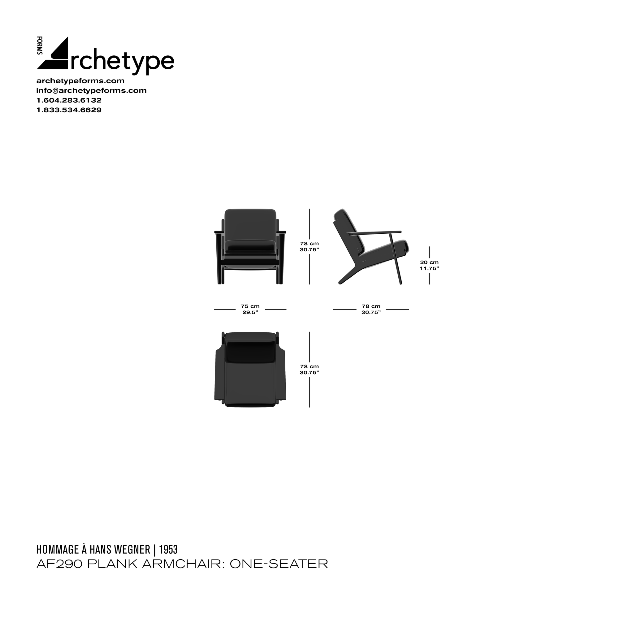 Dimensions diagram in cm and inches of the Archetype Forms AF290 Plank Armchair: One-Seater, a reproduction of the Hans J. Wegner Plank Chair, also known as Model GE290-1 Plank Armchair by Hommage À Hans Wegner