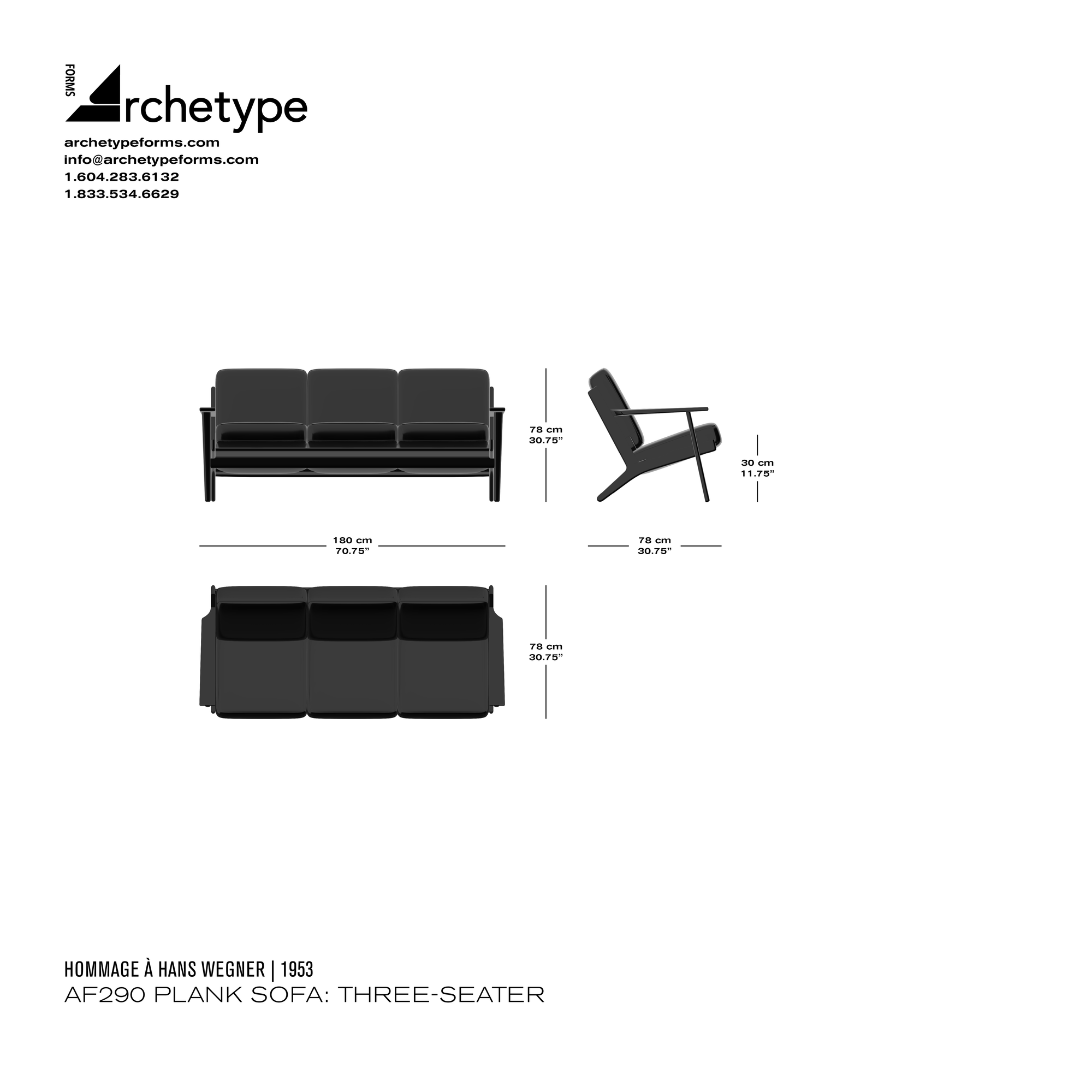 Dimensions diagram in cm and inches of the Archetype Forms AF290 Plank Sofa: Three-Seater, a reproduction of the Hans J. Wegner Plank Sofa, also known as Model GE-290 3 Plank Sofa by Hommage À Hans Wegner
