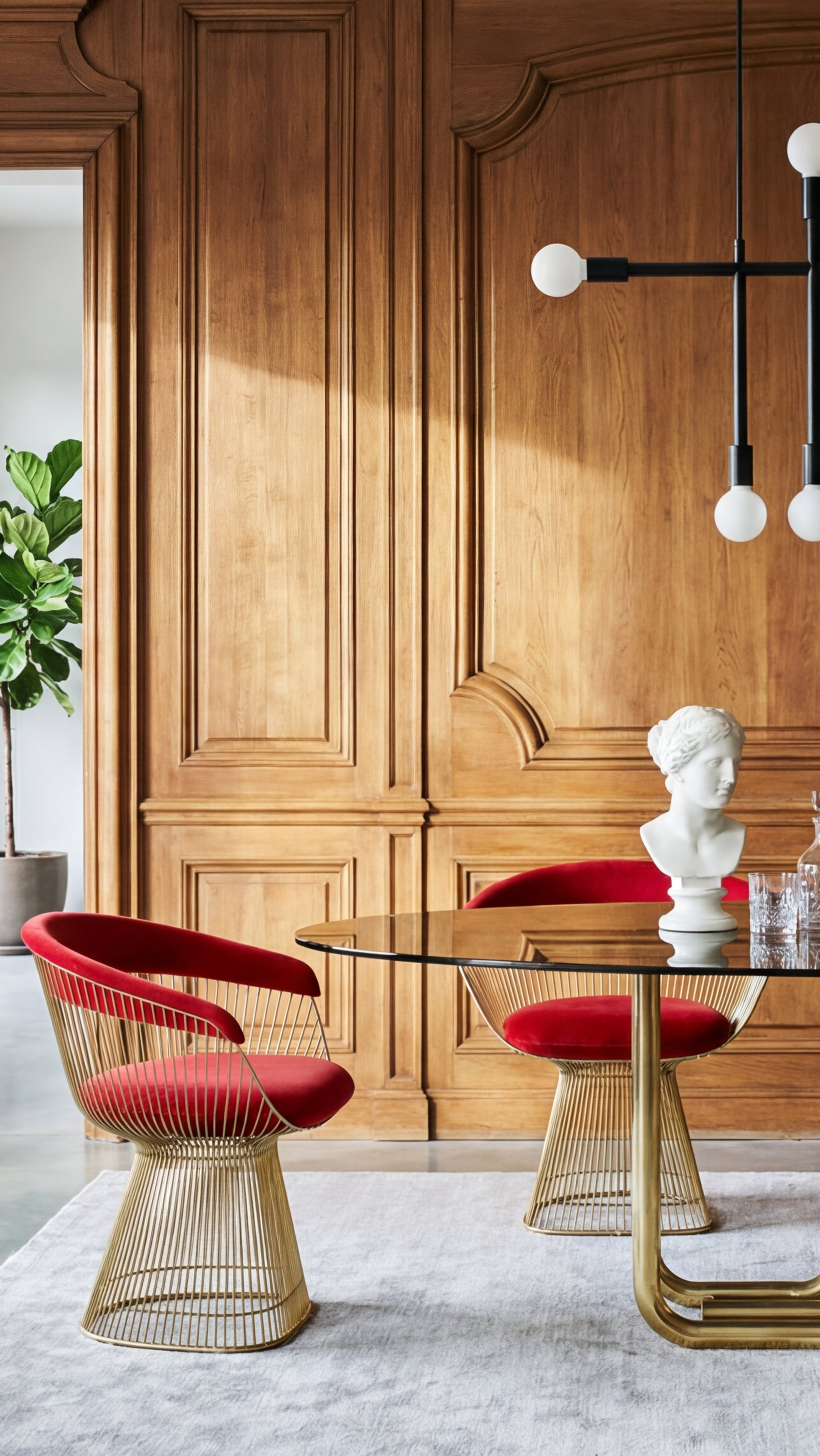 Modern Red Platner Armchairs with a unique design in a luxury dining room with wood panel walls