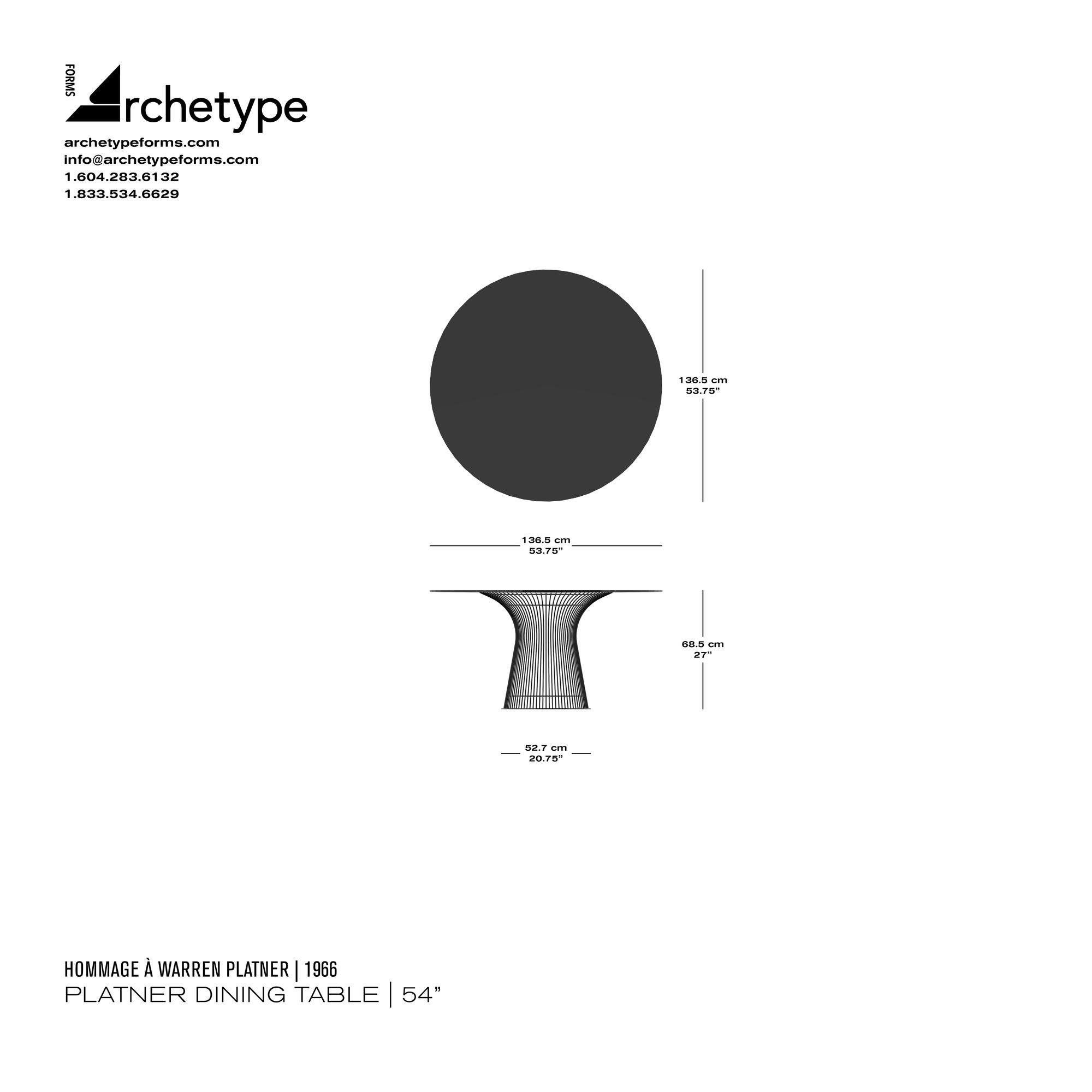 Dimensions diagram in cm and inches of the Archetype Forms Platner Dining Table: Glass Top, a reproduction of the 3716 Platner 54" Round, High Table with Glass Top by Hommage À Warren Platner