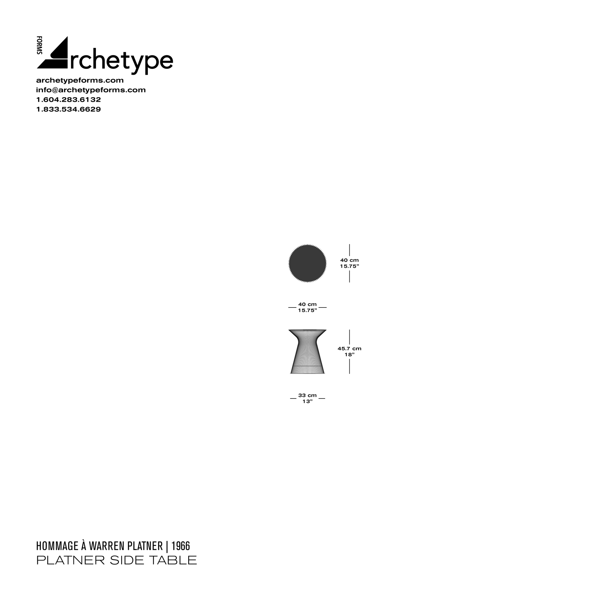 Dimensions diagram in cm and inches of the Archetype Forms Platner Side Table: Glass Top, a reproduction of the 3710T Platner 15.75" Round Side Table with Glass Top by Hommage À Warren Platner