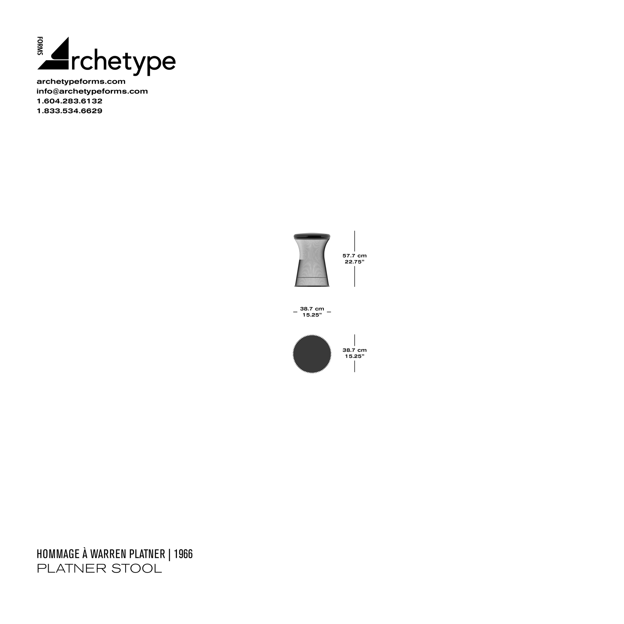 Dimensions diagram in cm and inches of the Archetype Forms Platner Stool, a reproduction of the 1719Y Platner Stool by Hommage À Warren Platner