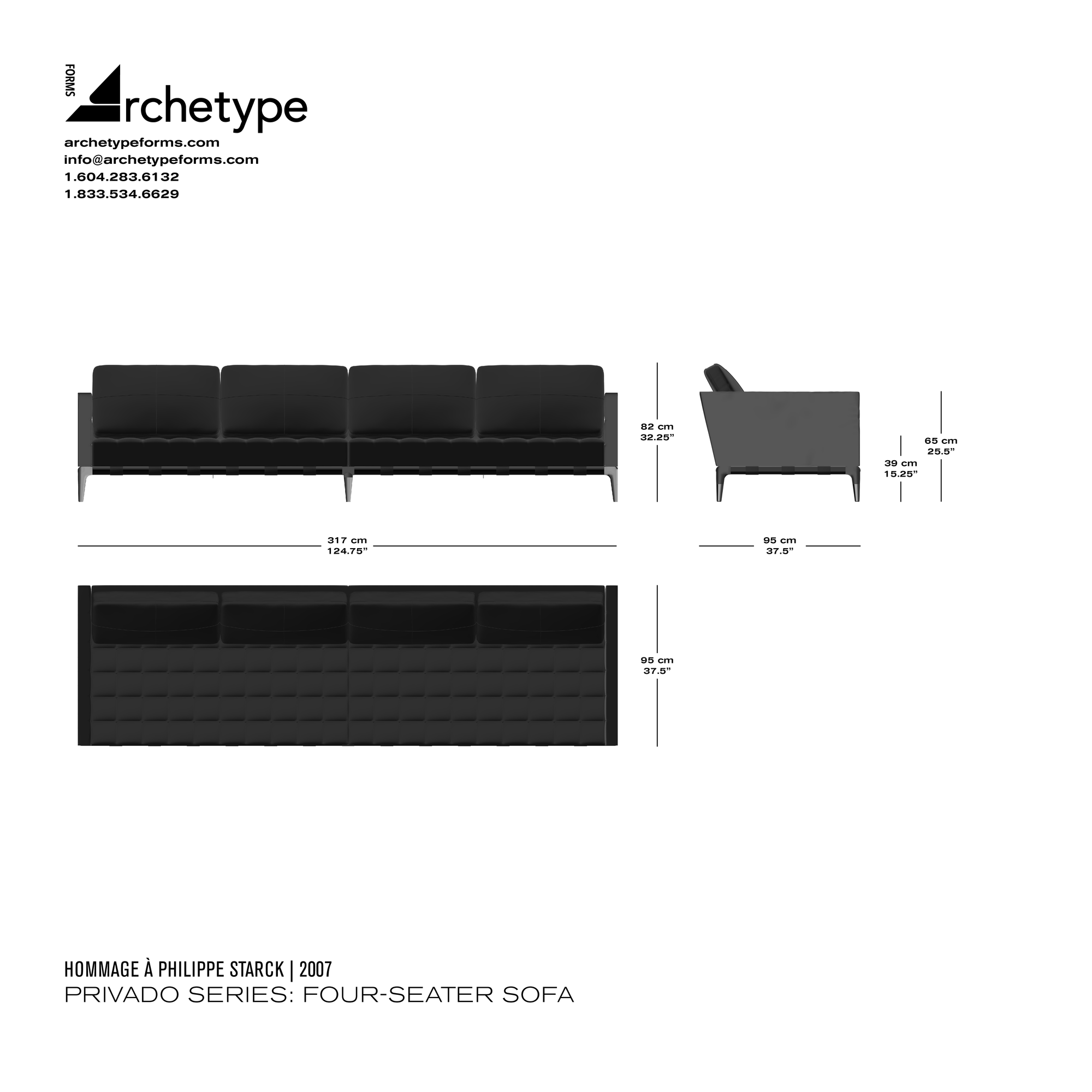 Dimensions diagram in cm and inches of the Archetype Forms Privado Series: Four-Seater Sofa, a reproduction of the Philippe Starck Privé 4-Seater Sofa Model 241 64 by Hommage À Philippe Starck