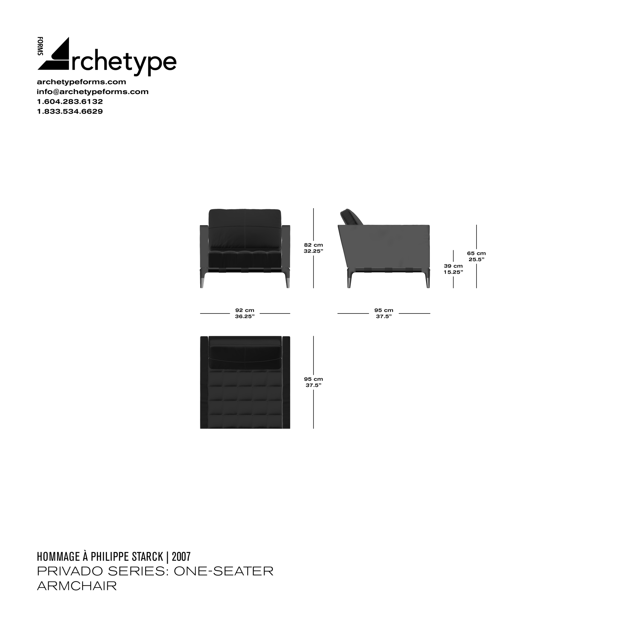 Dimensions diagram in cm and inches of the Archetype Forms Privado Series: One-Seater Armchair, a reproduction of the Philippe Starck Privé 1-Seater Lounge Chair Model 241 61 by Hommage À Philippe Starck