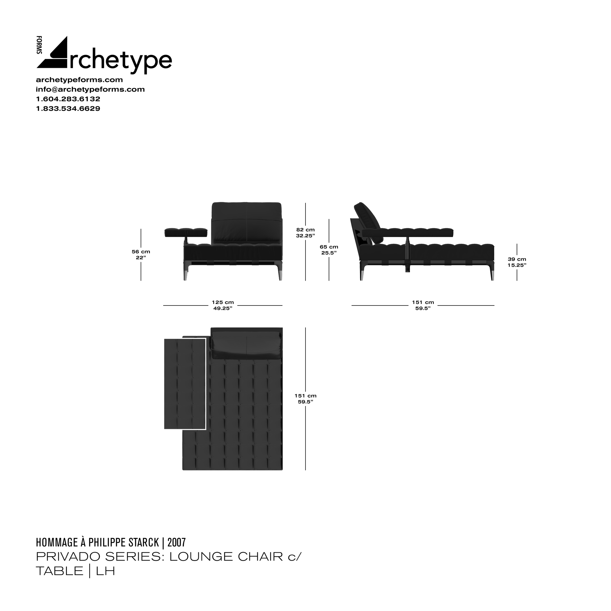Dimensions diagram in cm and inches of the Archetype Forms Privado Series: Lounge Chair c. Side Table, a reproduction of the Philippe Starck Privé Poltrona Lunga Con Bracciolo Fisso Orizzontale Model 241 21 & 241 23, left-hand version by Hommage À Philippe Starck