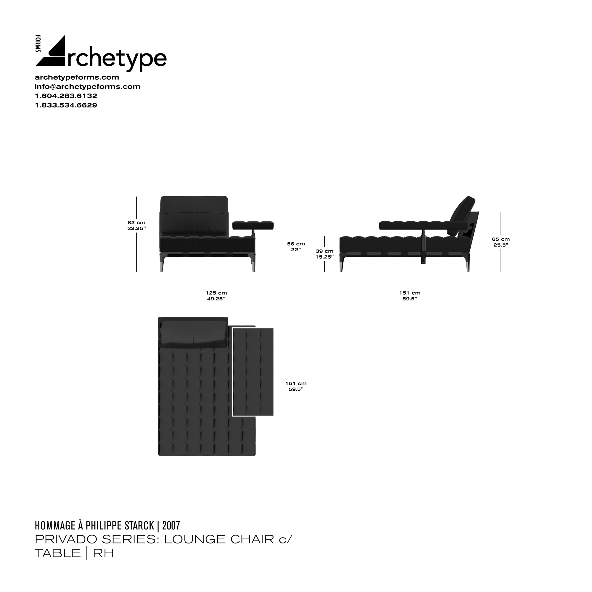 Dimensions diagram in cm and inches of the Archetype Forms Privado Series: Lounge Chair c. Side Table, a reproduction of the Philippe Starck Privé Poltrona Lunga Con Bracciolo Fisso Orizzontale Model 241 21 & 241 23, right-hand version by Hommage À Philippe Starck