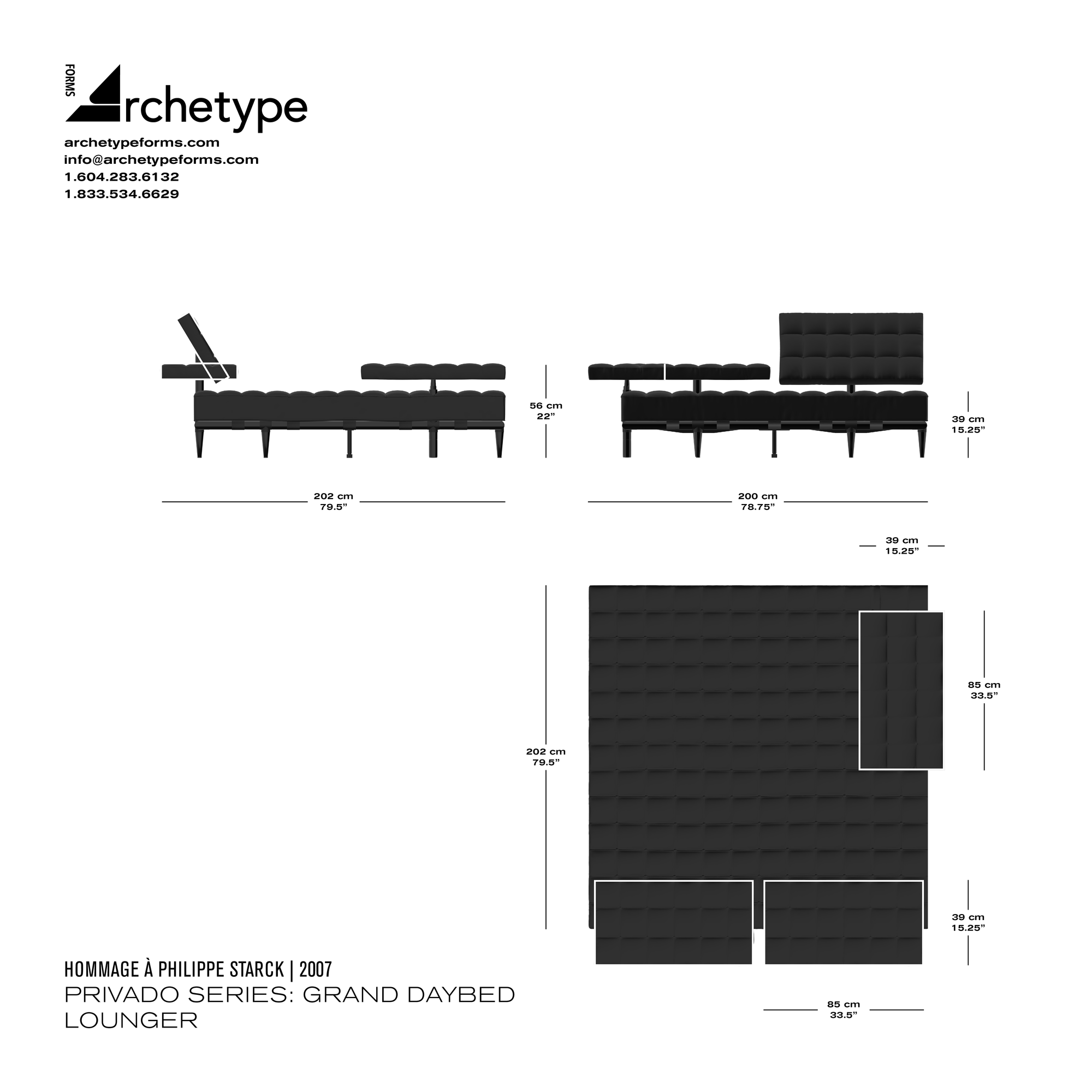 Dimensions diagram in cm and inches of the Archetype Forms Privado Series: Grand Daybed Lounger, a reproduction of the Philippe Starck Privé Grande Isola con Bracciolo Orizzontale Model 241 41 & 241 42 by Hommage À Philippe Starck