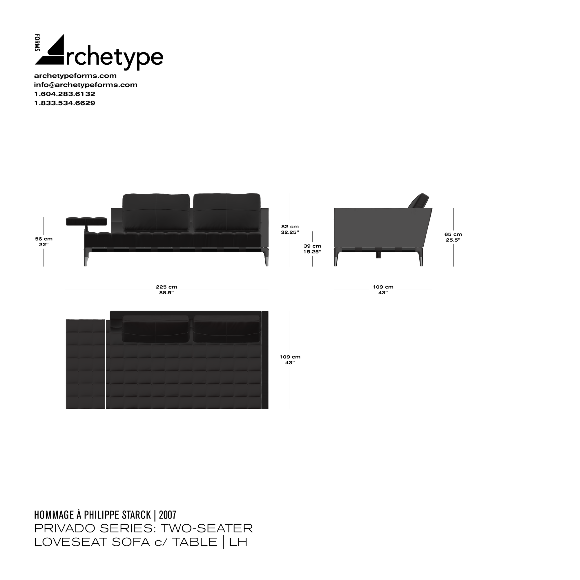 Dimensions diagram in cm and inches of the Archetype Forms Privado Series: Two-Seater Loveseat Sofa c. Side Table, a reproduction of the Philippe Starck Privé Divano Con Bracciolo Stretto e Bracciolo Fisso Orizzontale Model 241 31 & 241 33 by Hommage À Philippe Starck