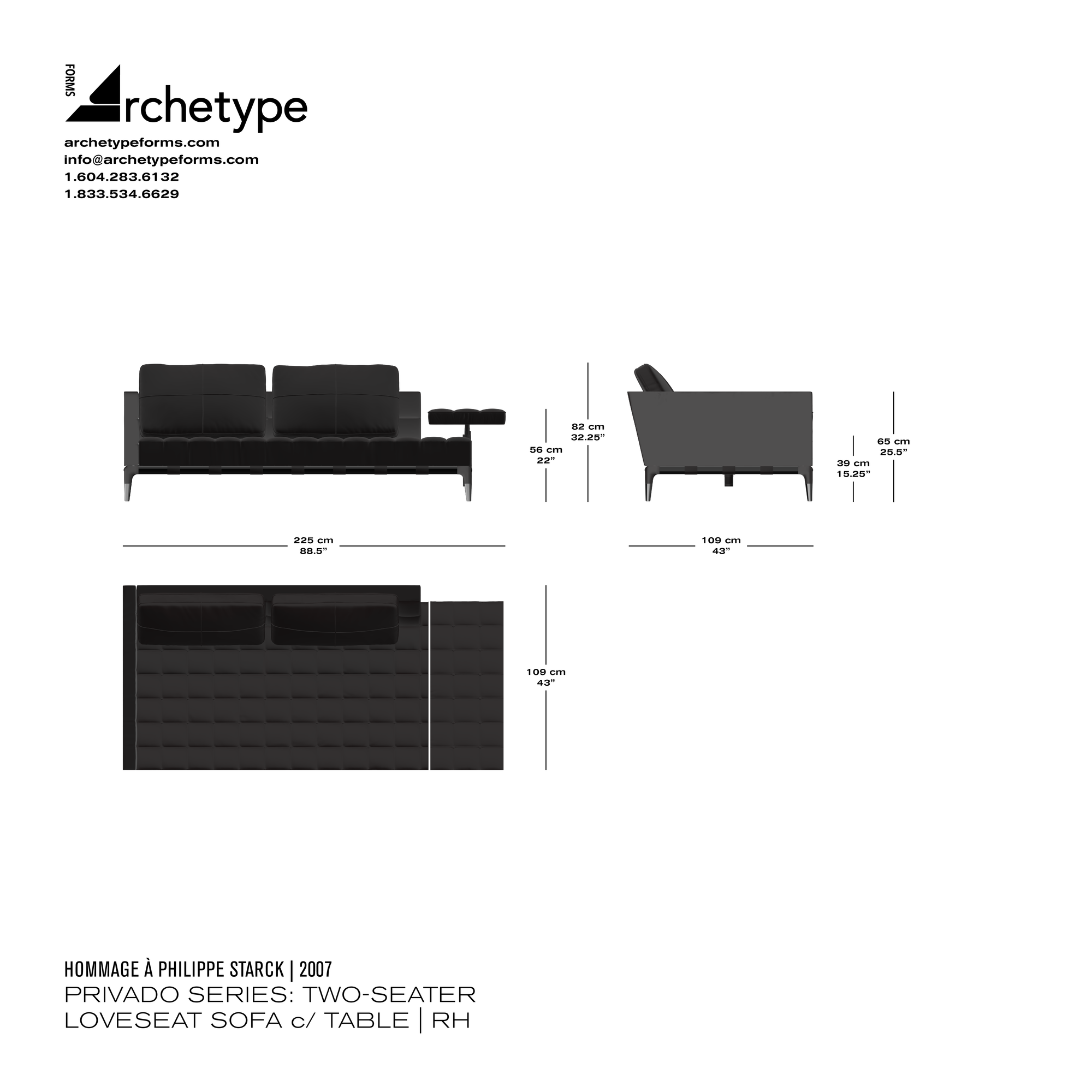 Dimensions diagram in cm and inches of the Archetype Forms Privado Series: Two-Seater Loveseat Sofa c. Side Table, a reproduction of the Philippe Starck Privé Divano Con Bracciolo Stretto e Bracciolo Fisso Orizzontale Model 241 31 & 241 33 by Hommage À Philippe Starck