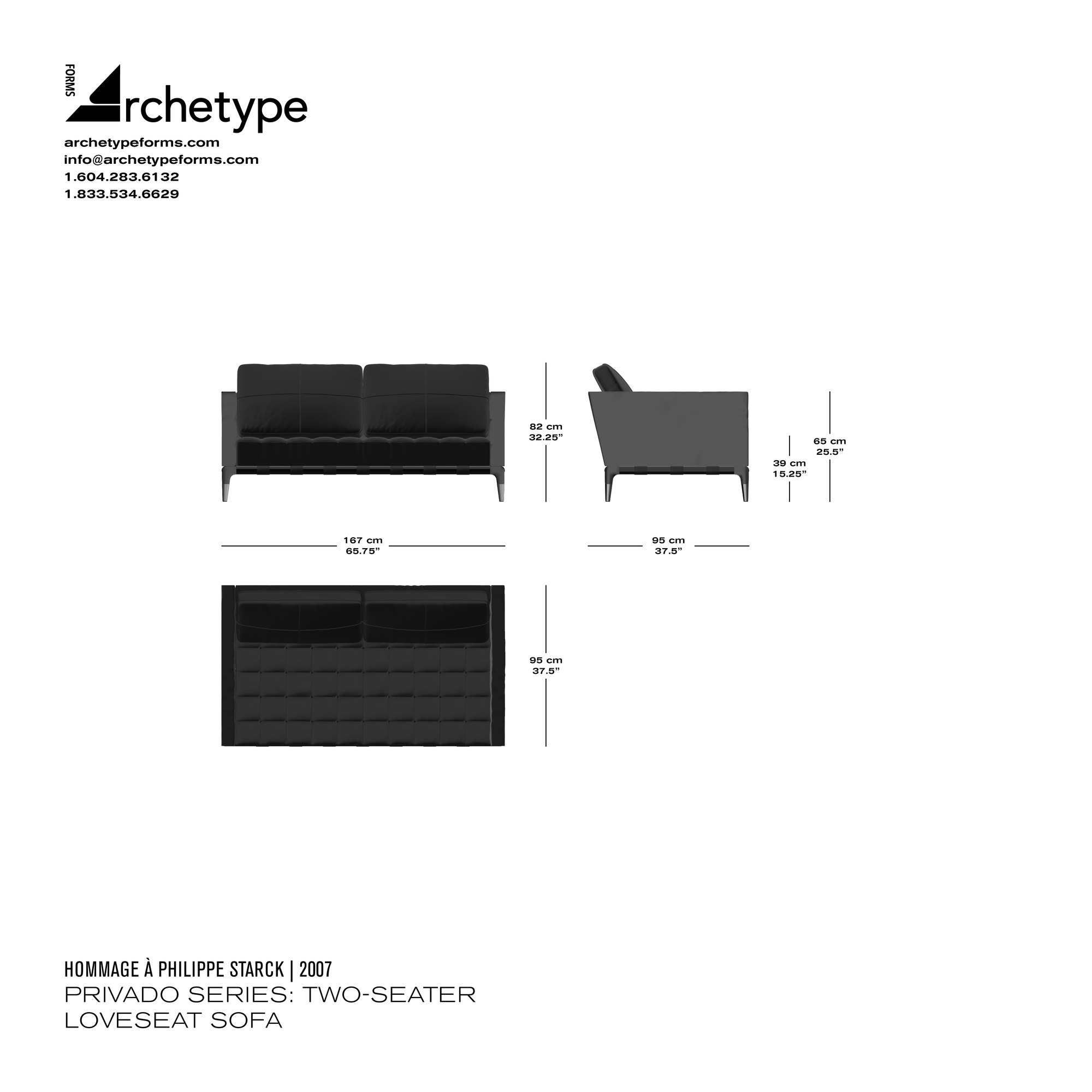 Dimensions diagram in cm and inches of the Archetype Forms Privado Series: Two-Seater Loveseat Sofa, a reproduction of the Philippe Starck Privé 2-Seater Loveseat Sofa Model 241 62 by Hommage À Philippe Starck