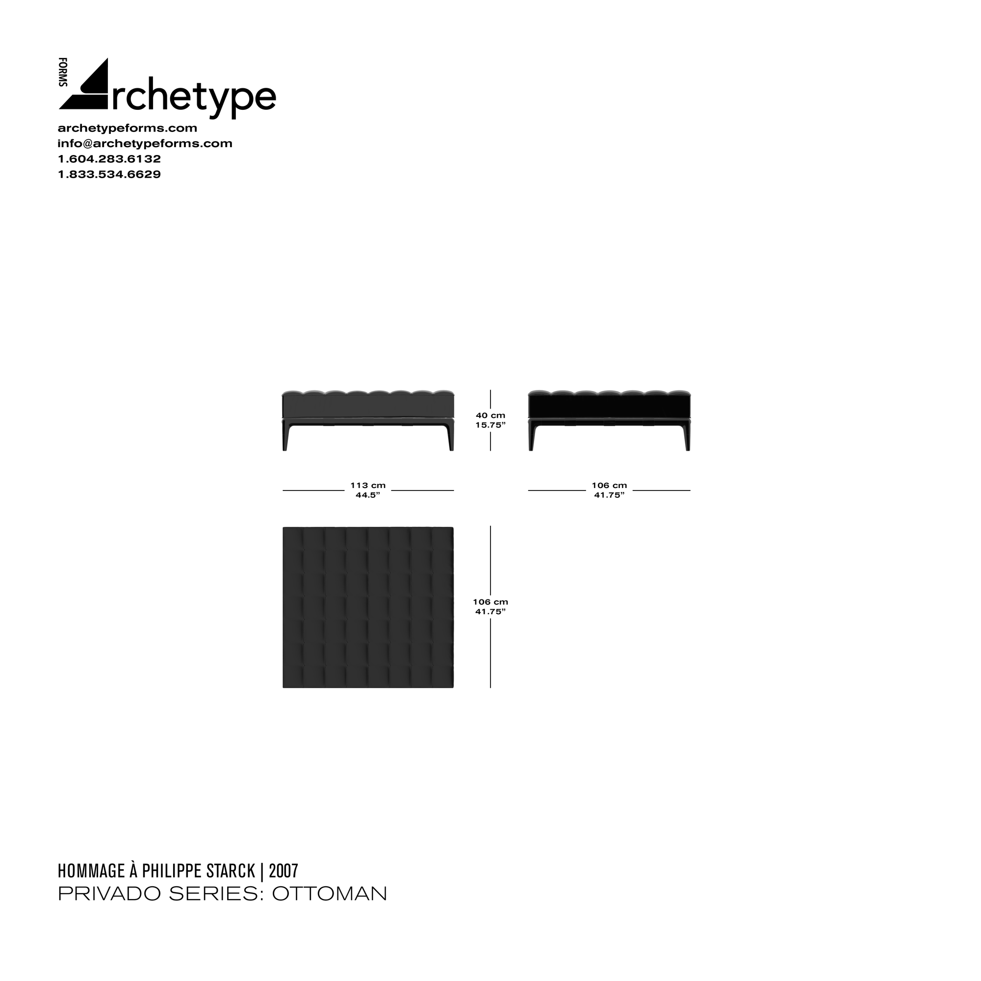 Dimensions diagram in cm and inches of the Archetype Forms Privado Series: Ottoman, a reproduction of the Philippe Starck Privé Pouf Ottoman Model 241 00 by Hommage À Philippe Starck
